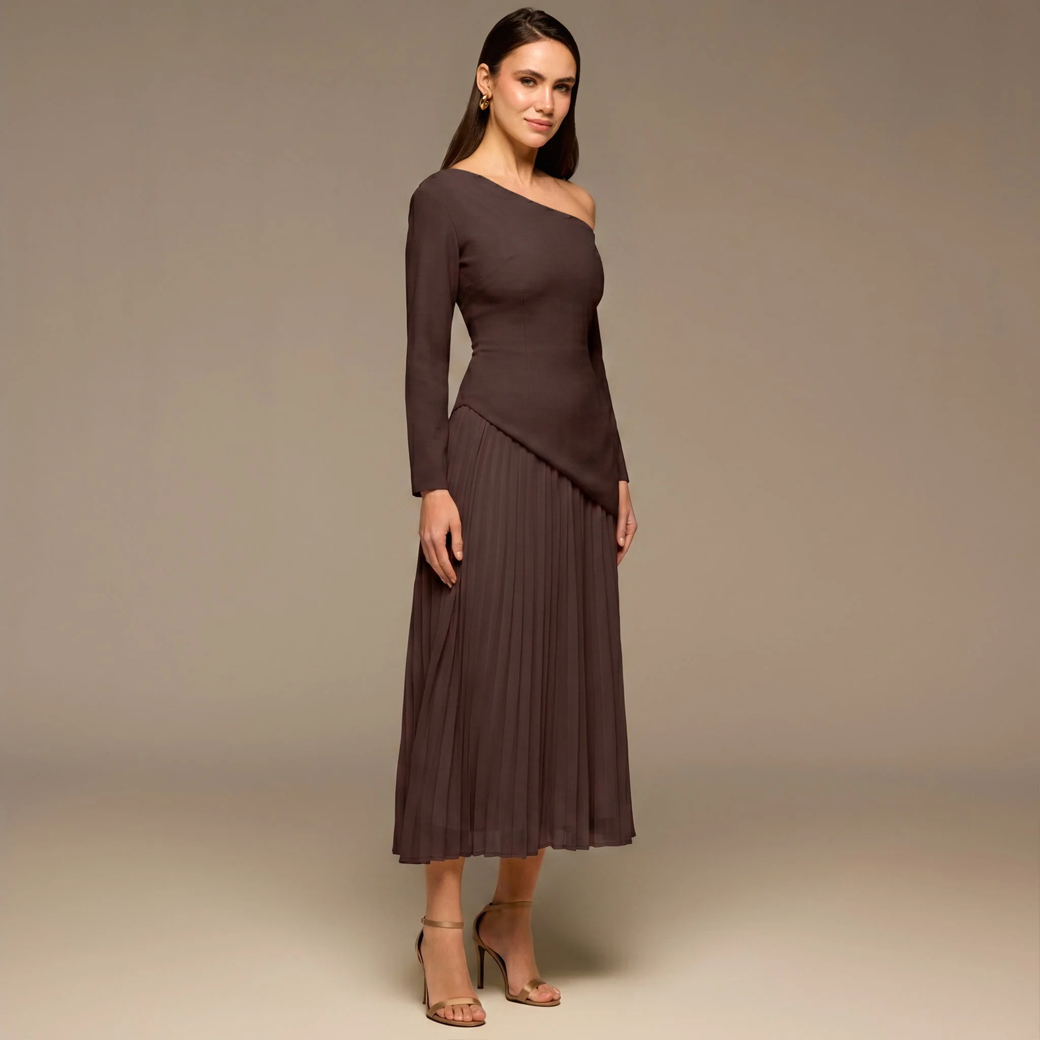 Brown One-shoulder Crepe Dress With Pleated Skirt - Image 3