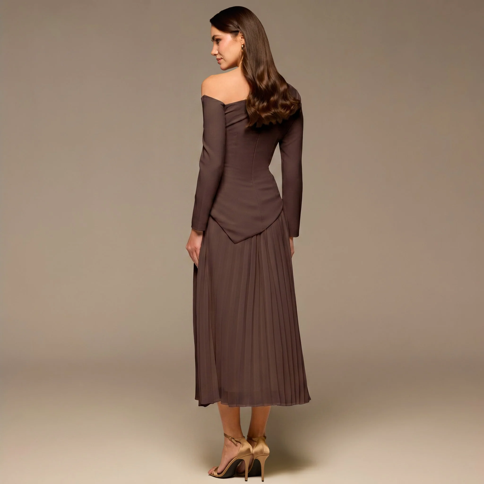 Brown One-shoulder Crepe Dress With Pleated Skirt - Image 4