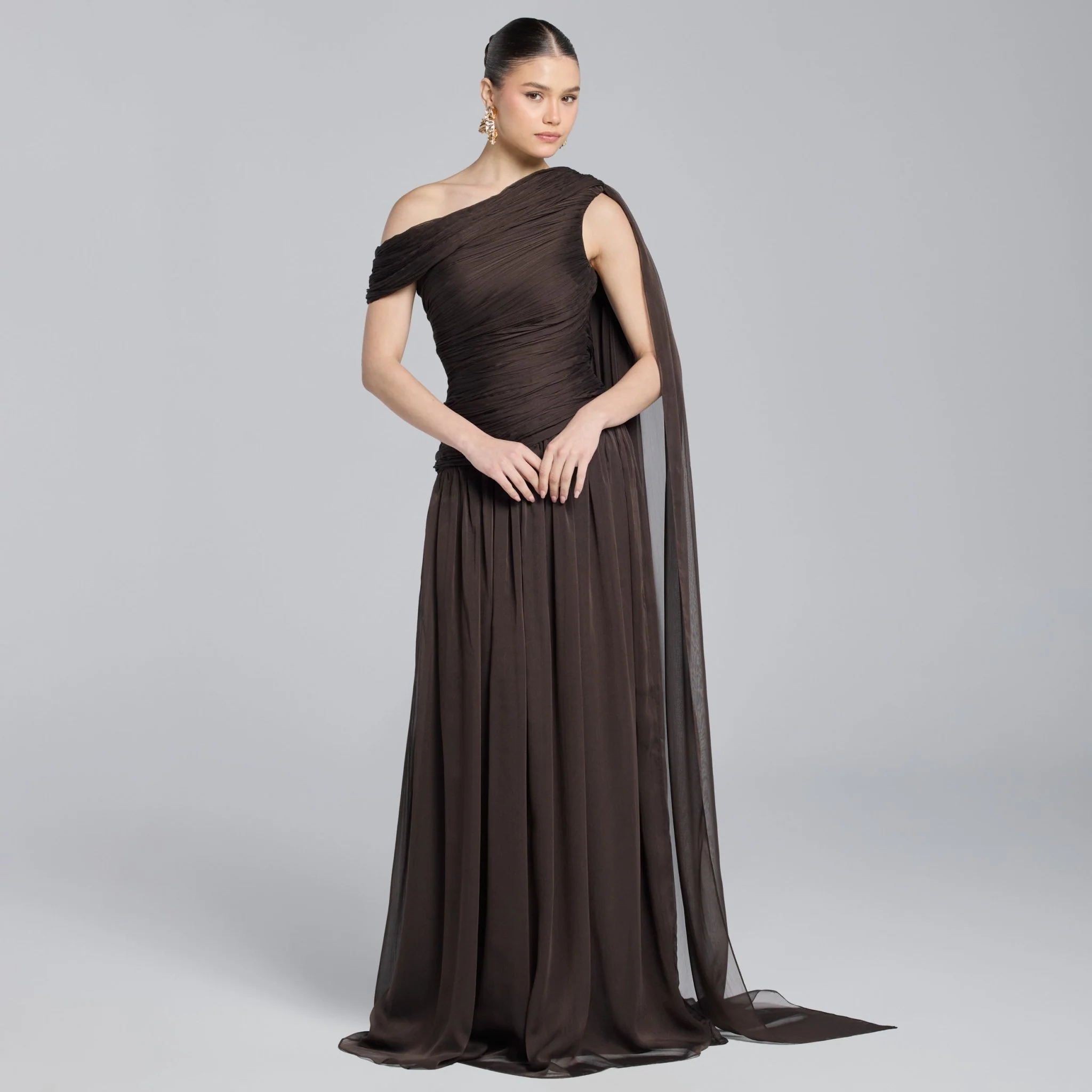 Brown Chiffon Pleated Gown with Back Scarf