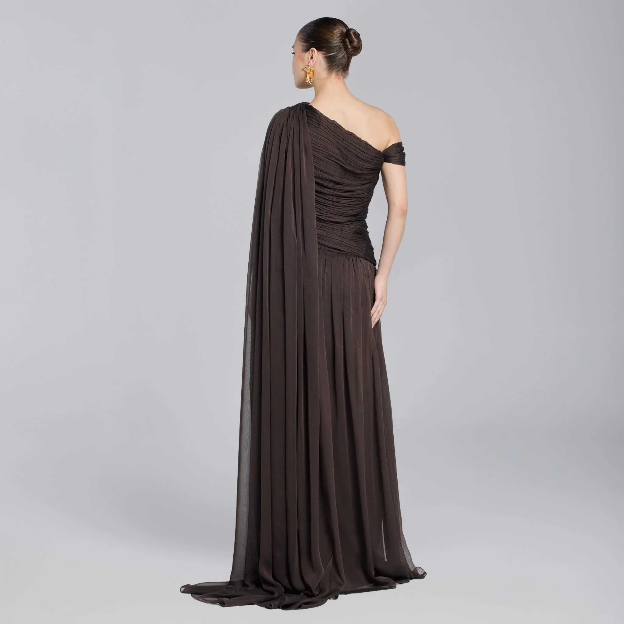 Brown Chiffon Pleated Gown with Back Scarf - Image 4
