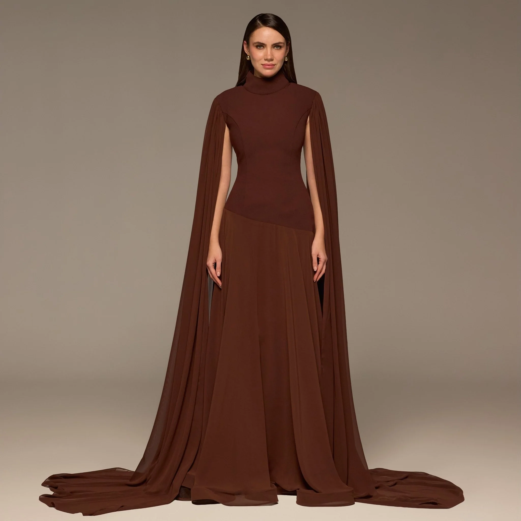 Brown Crepe & Chiffon Cape Sleeve Gown