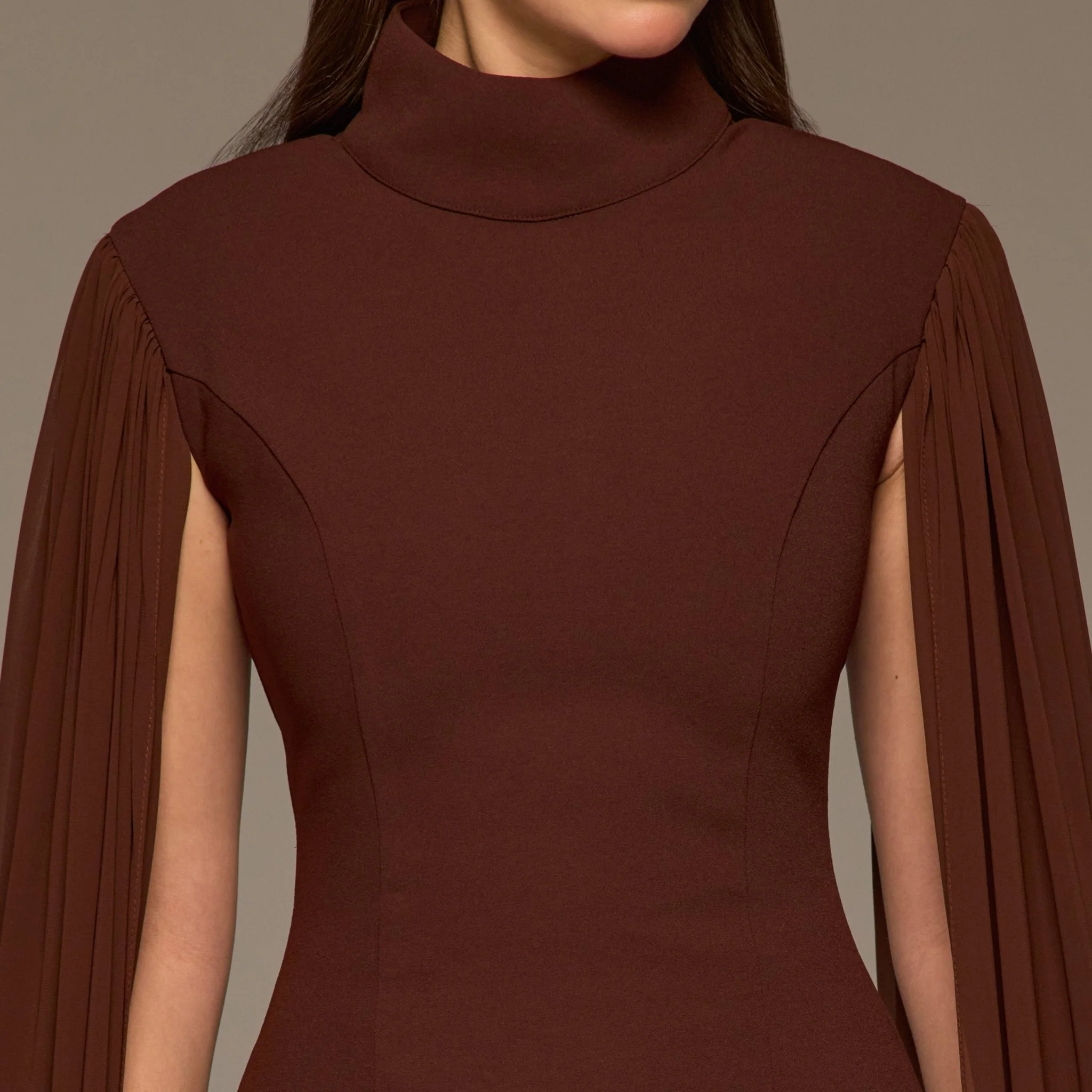 Brown Crepe & Chiffon Cape Sleeve Gown - Image 3
