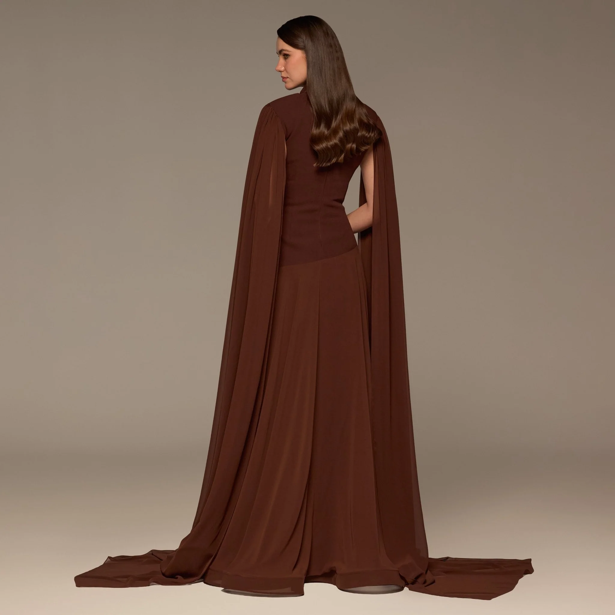 Brown Crepe & Chiffon Cape Sleeve Gown - Image 4