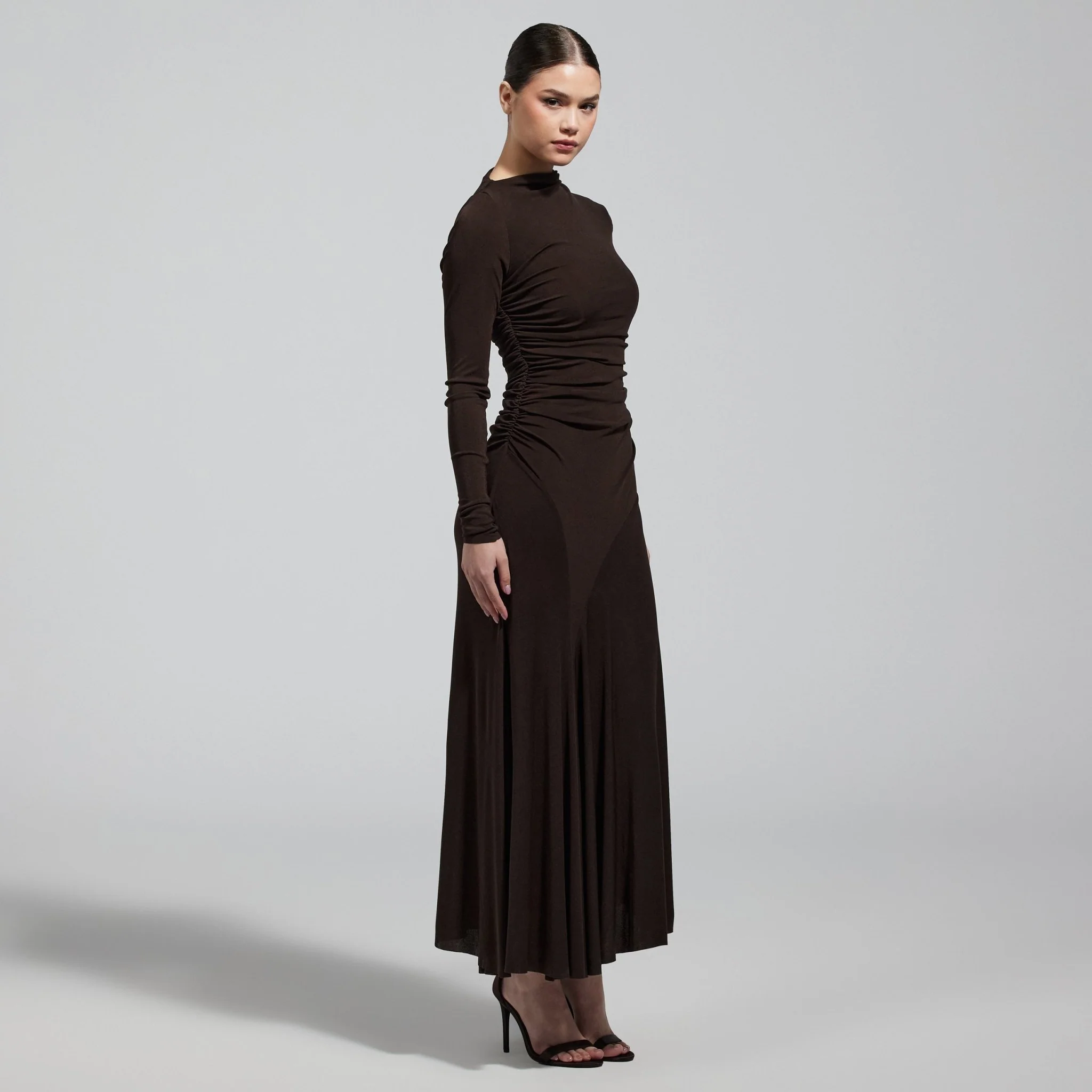 Brown Jersey Asymmetric Neck Midi Dress - Image 2