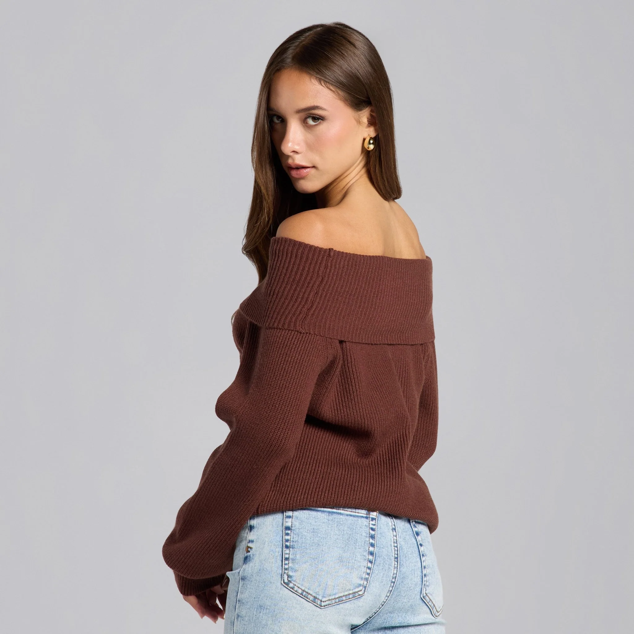 Brown Knit Fold Off Shoulder Balloon Sleeve Sweater - Image 3