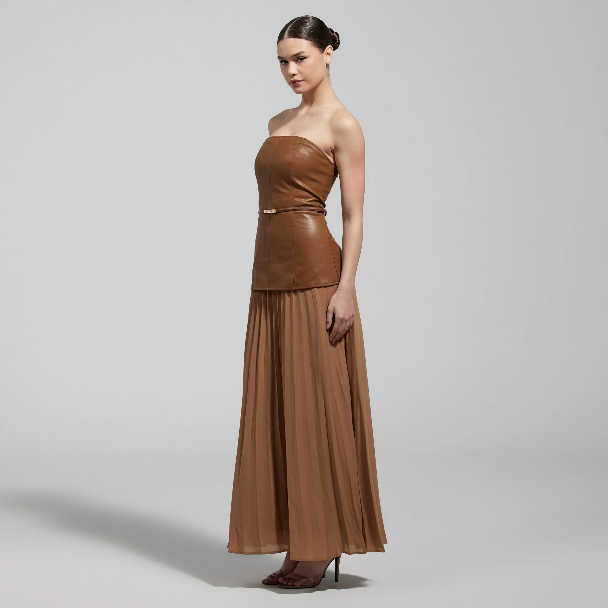Brown Leather & Chiffon Pleated Maxi Dress - Image 2