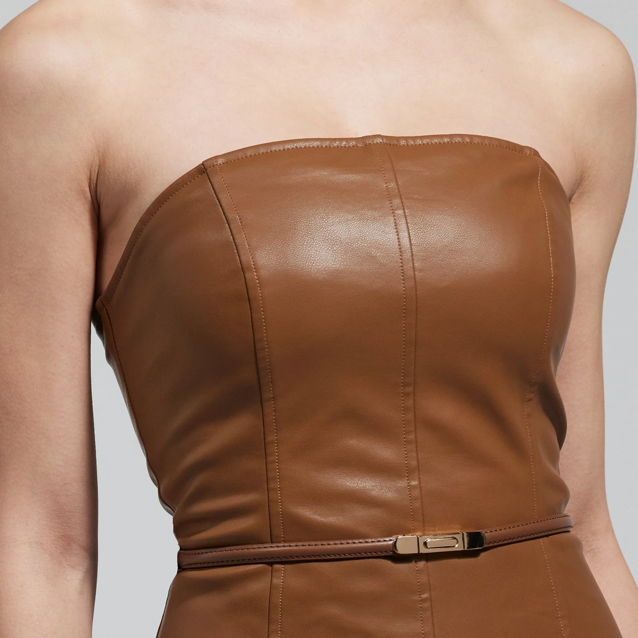 Brown Leather & Chiffon Pleated Maxi Dress - Image 3