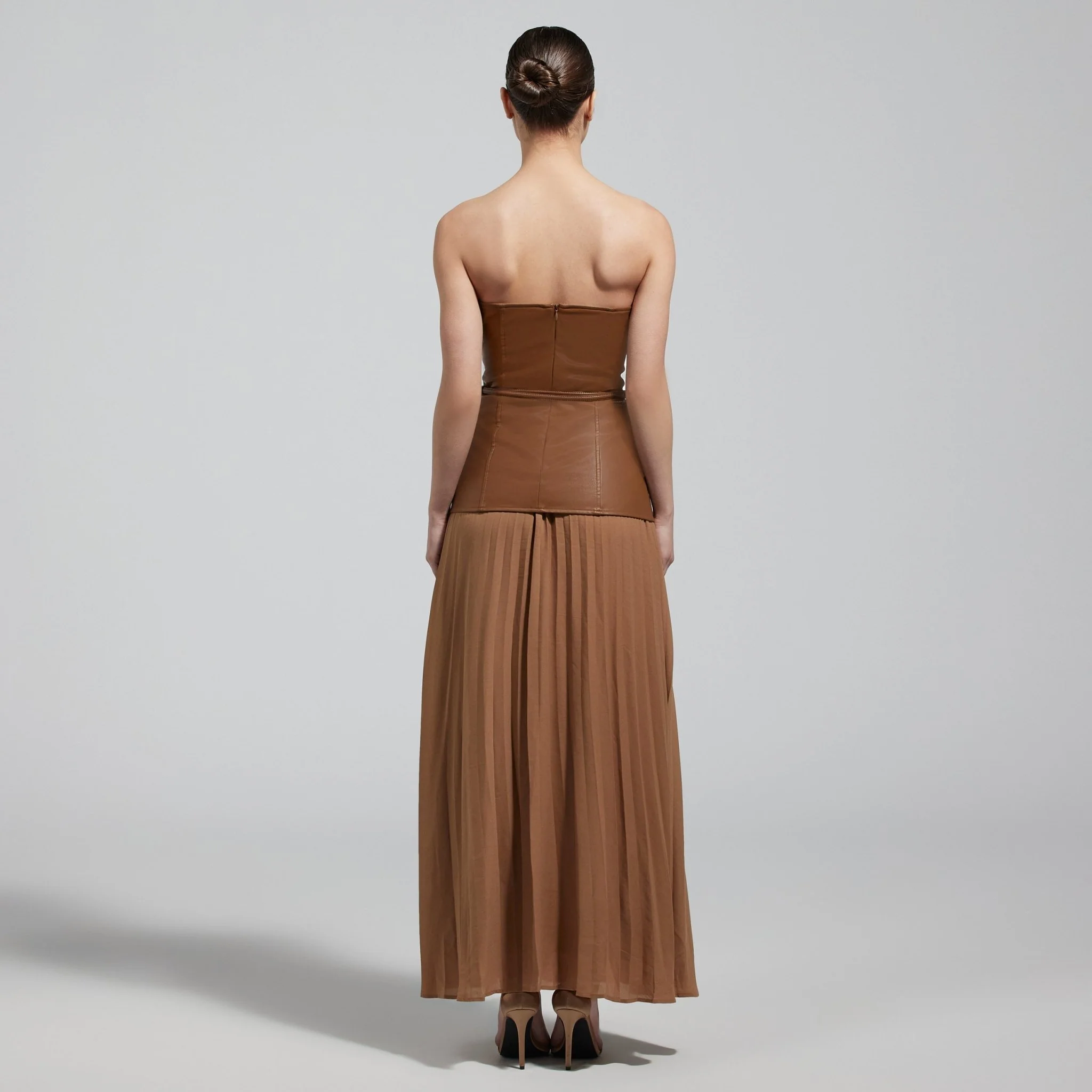 Brown Leather & Chiffon Pleated Maxi Dress - Image 4