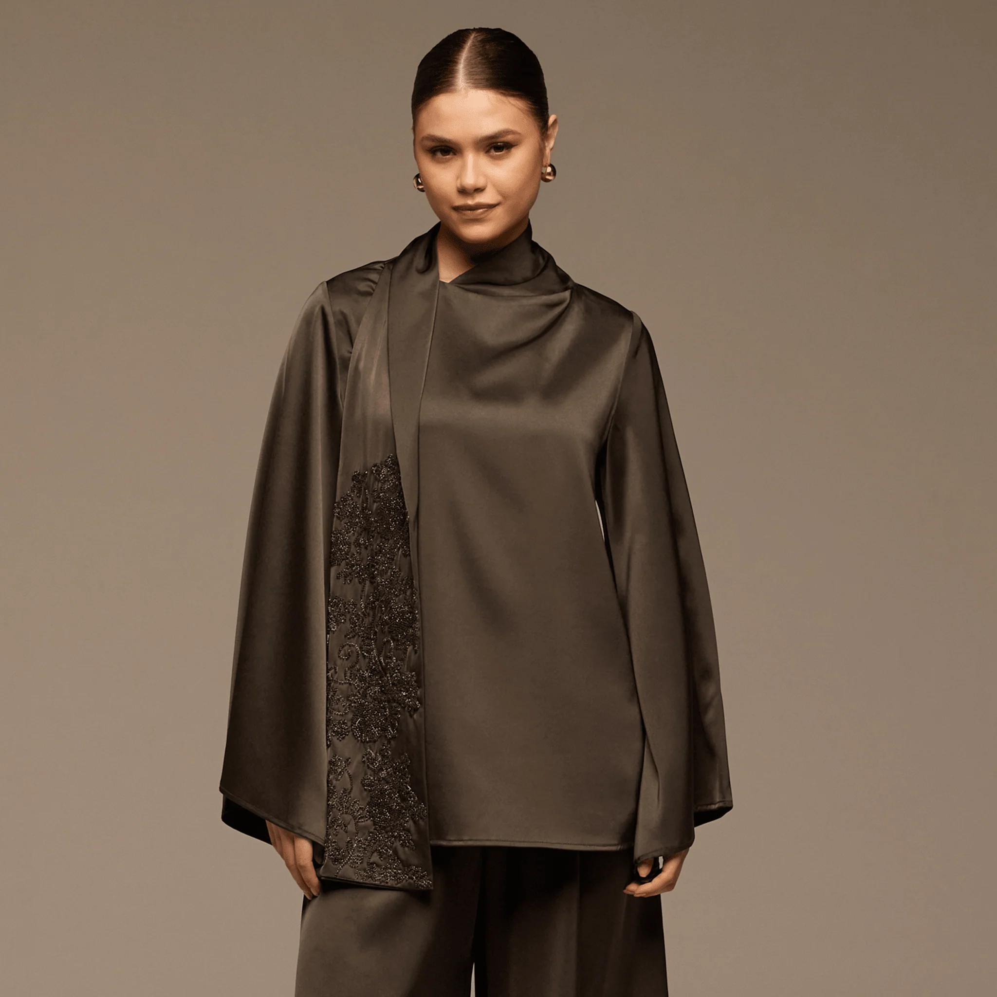 Brown Loose Fit Long Sleeve Satin Blouse