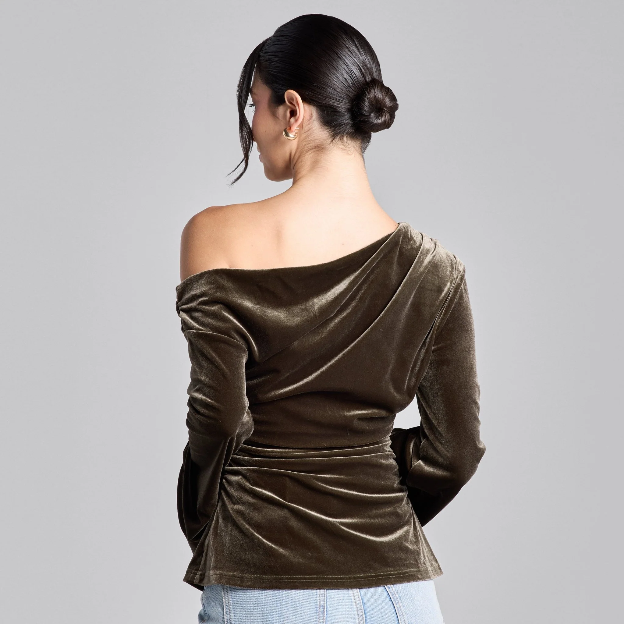 Brown Off Shoulder Ruched Velvet Top - Image 2
