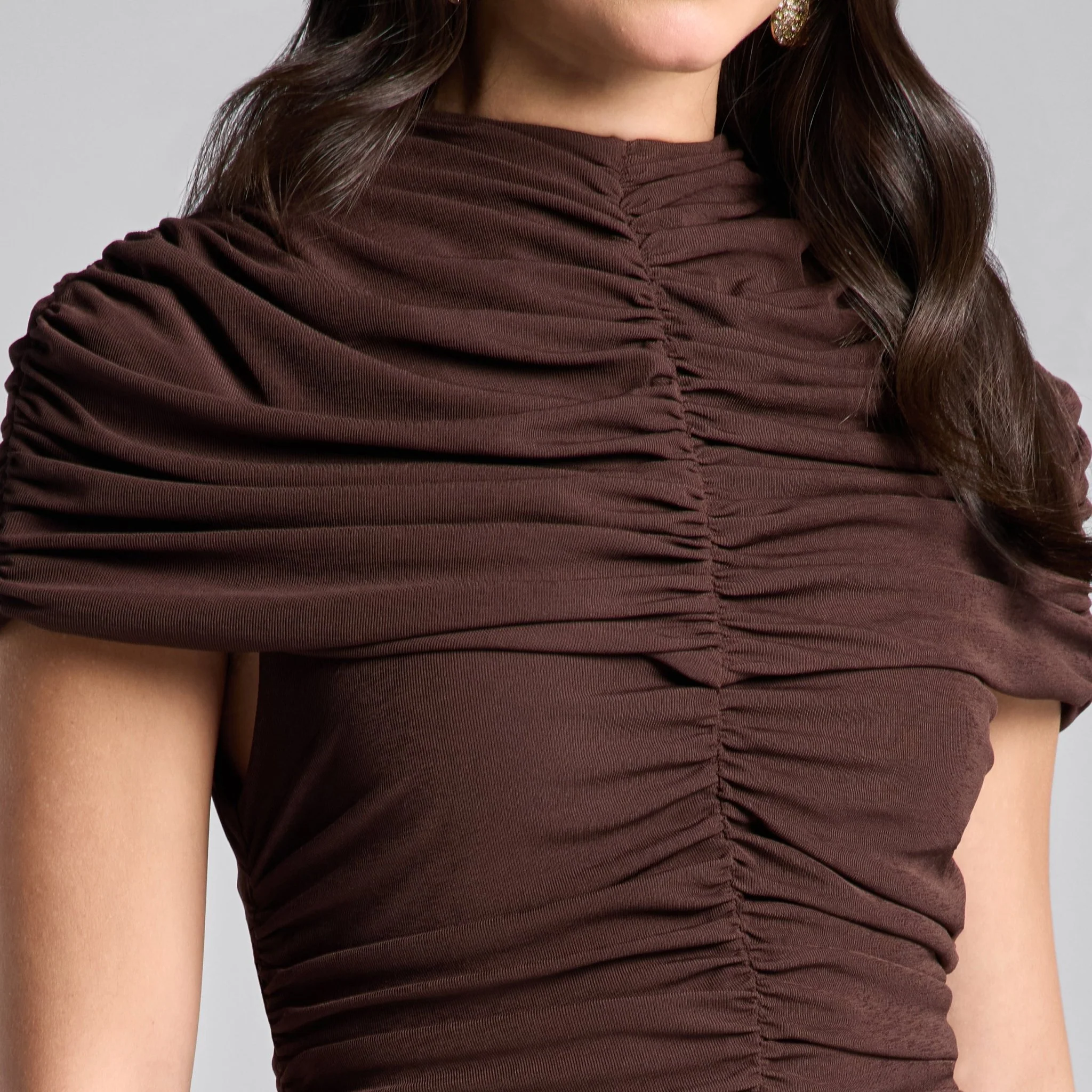 Brown Ruched Jersey Maxi Dress - Image 3