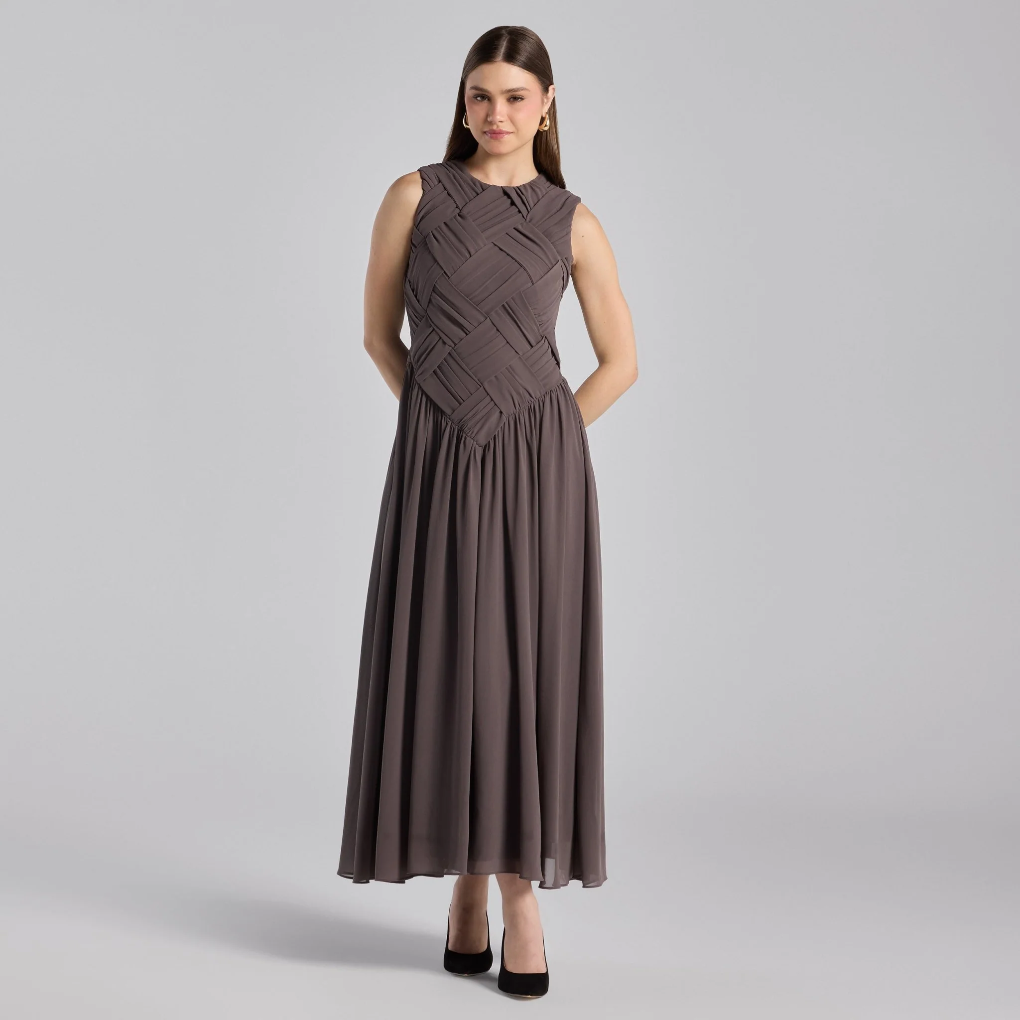 Gray Sleeveless Braided Chiffon Maxi Dress