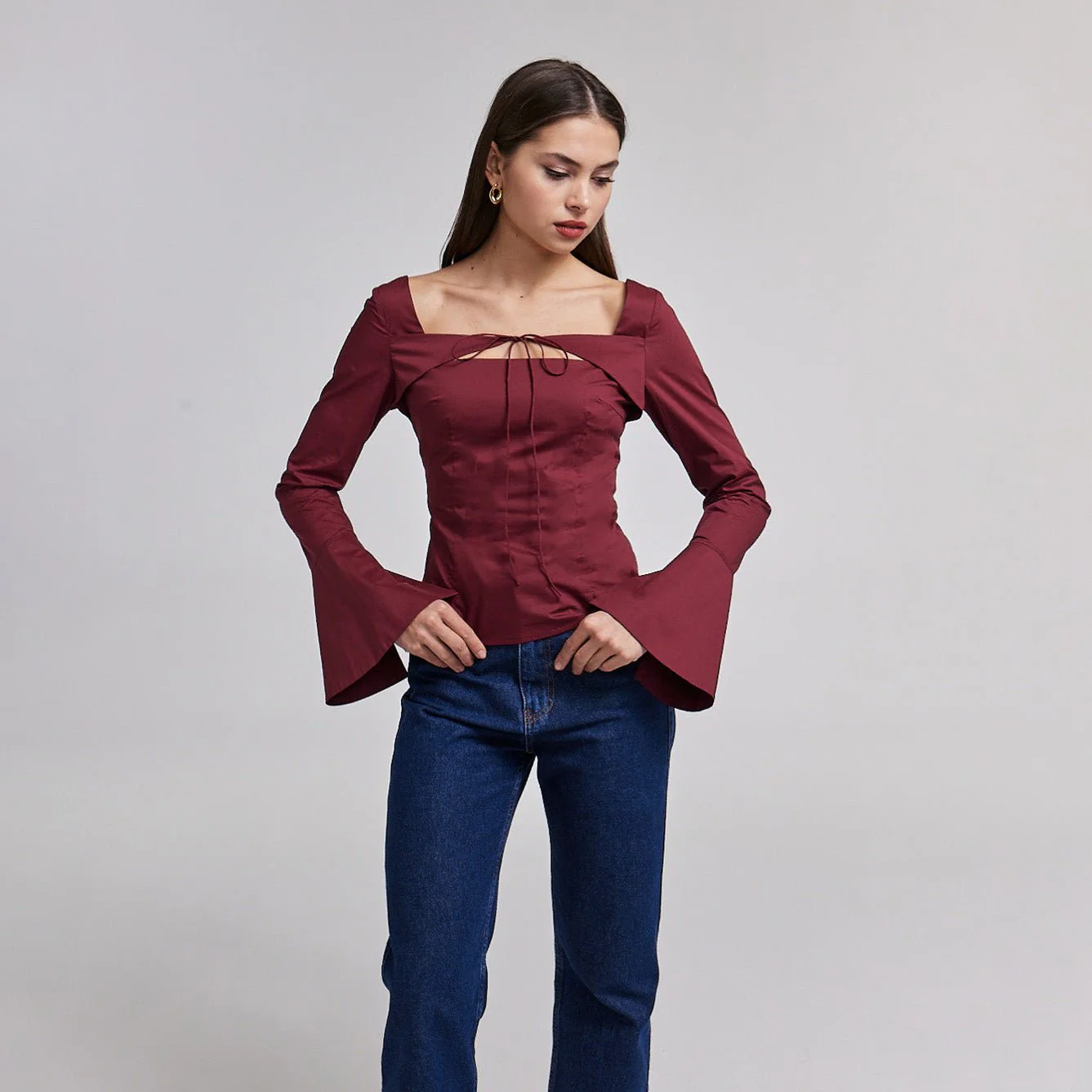 Burgundy Cotton Square Neck Long Sleeve Top - Image 2