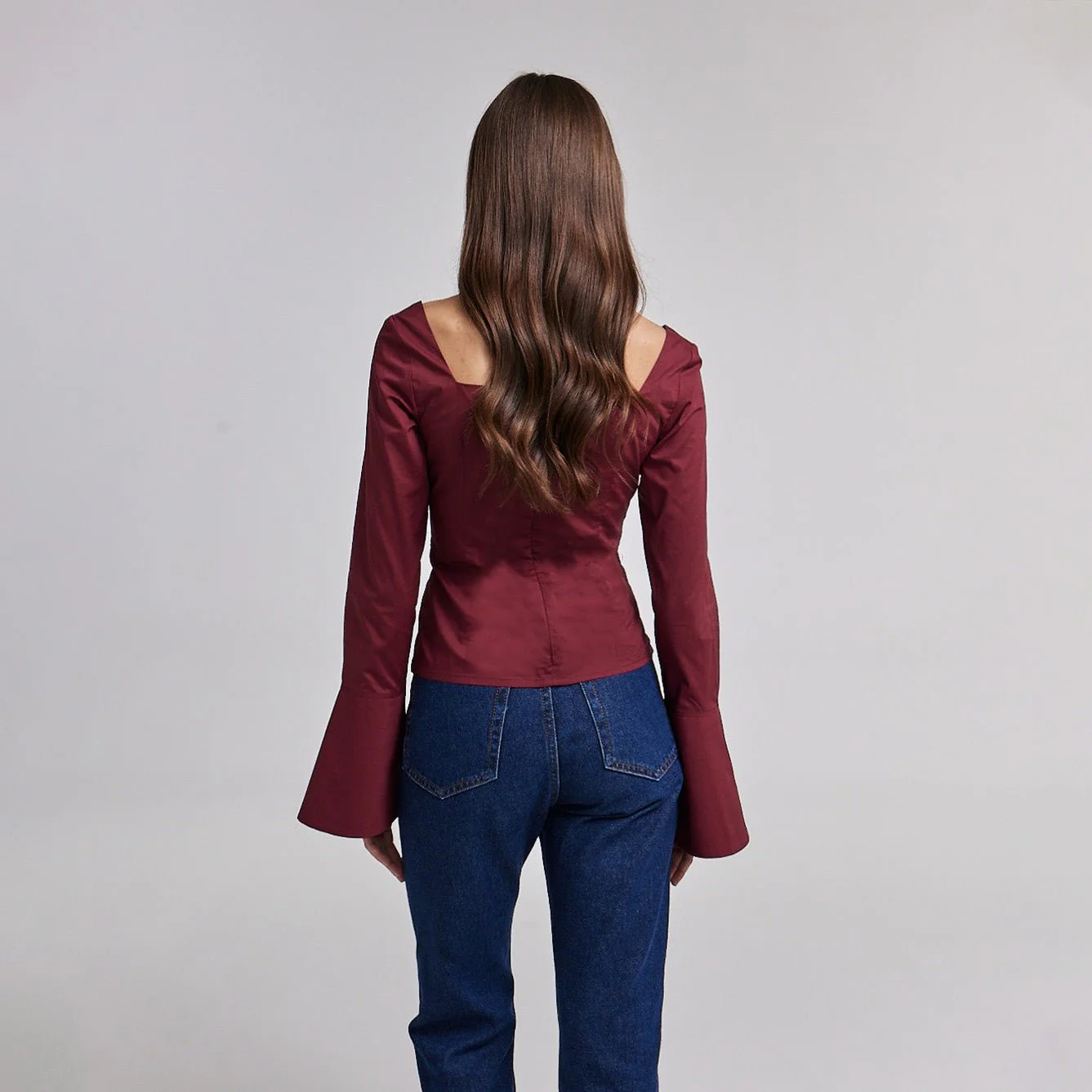 Burgundy Cotton Square Neck Long Sleeve Top - Image 3