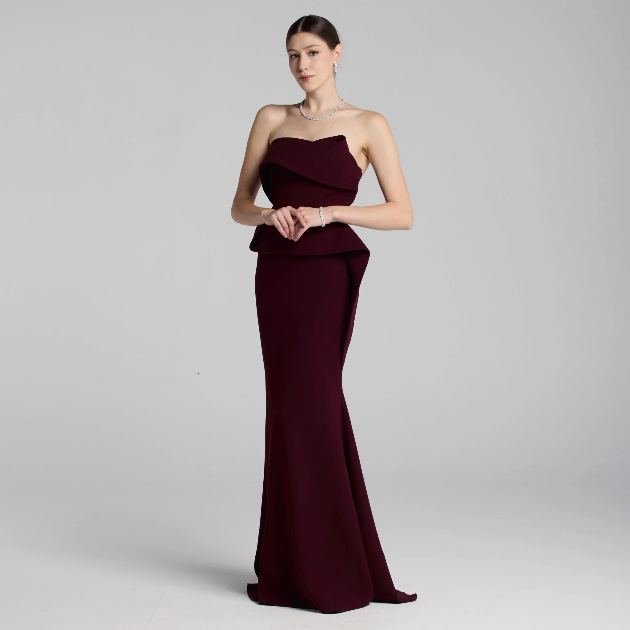 Burgundy Crepe Gown with Peplum Drape - Image 2