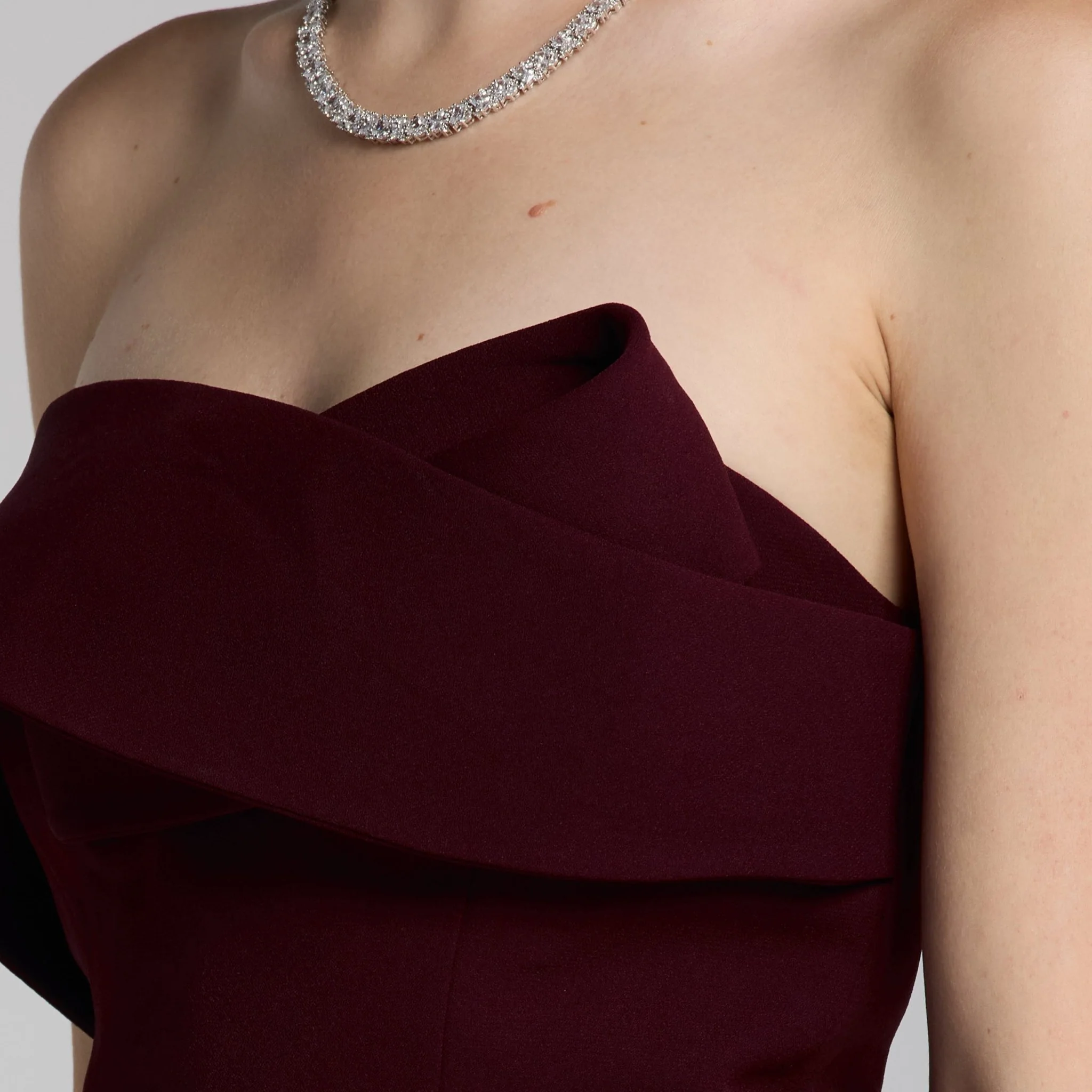 Burgundy Crepe Gown with Peplum Drape - Image 3