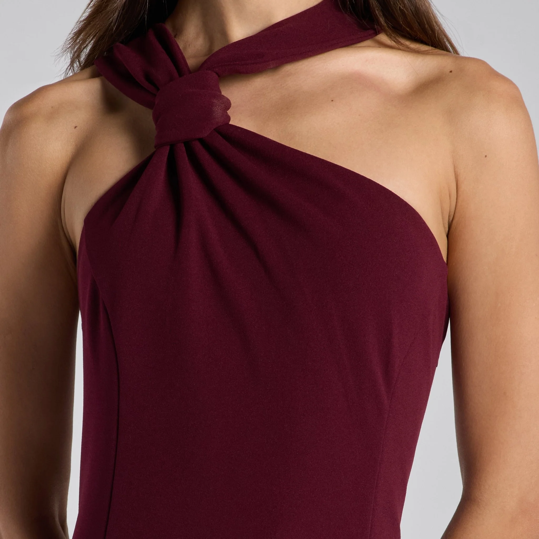 Burgundy Crepe Knot Halter Maxi Dress - Image 4