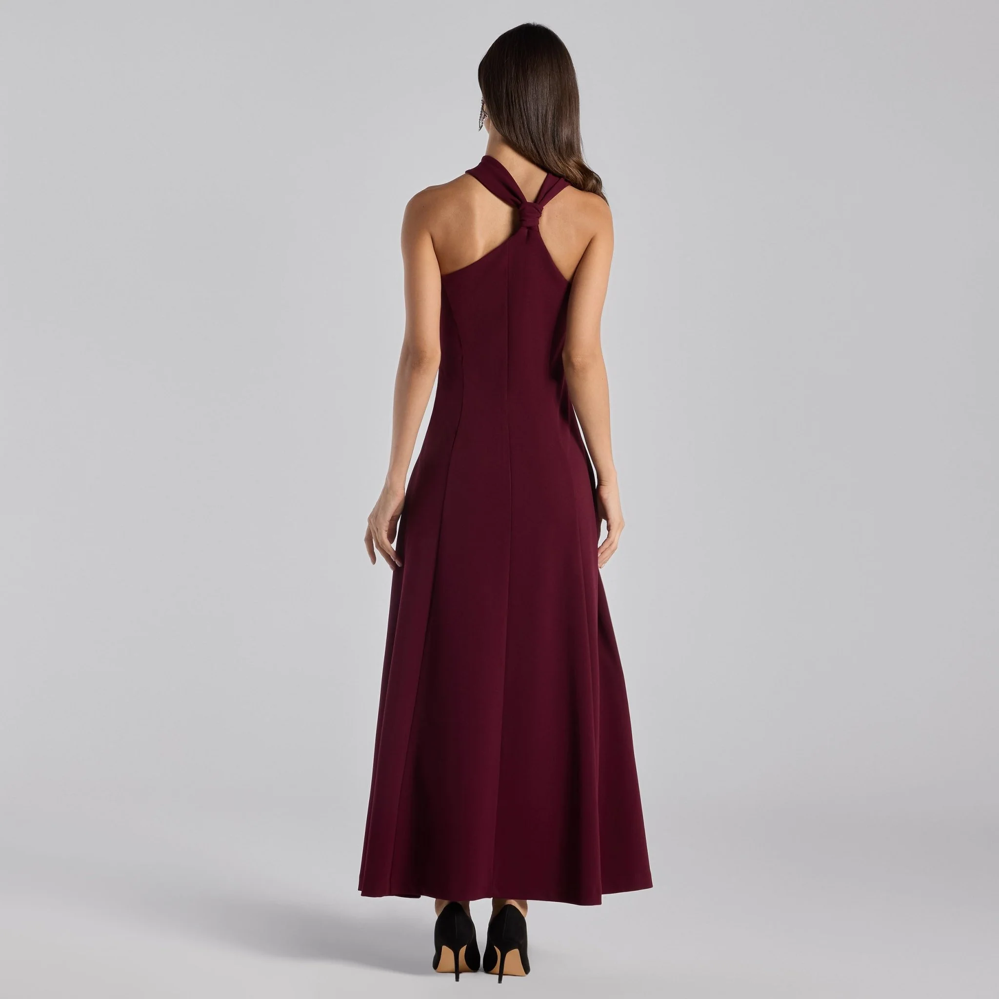 Burgundy Crepe Knot Halter Maxi Dress - Image 5