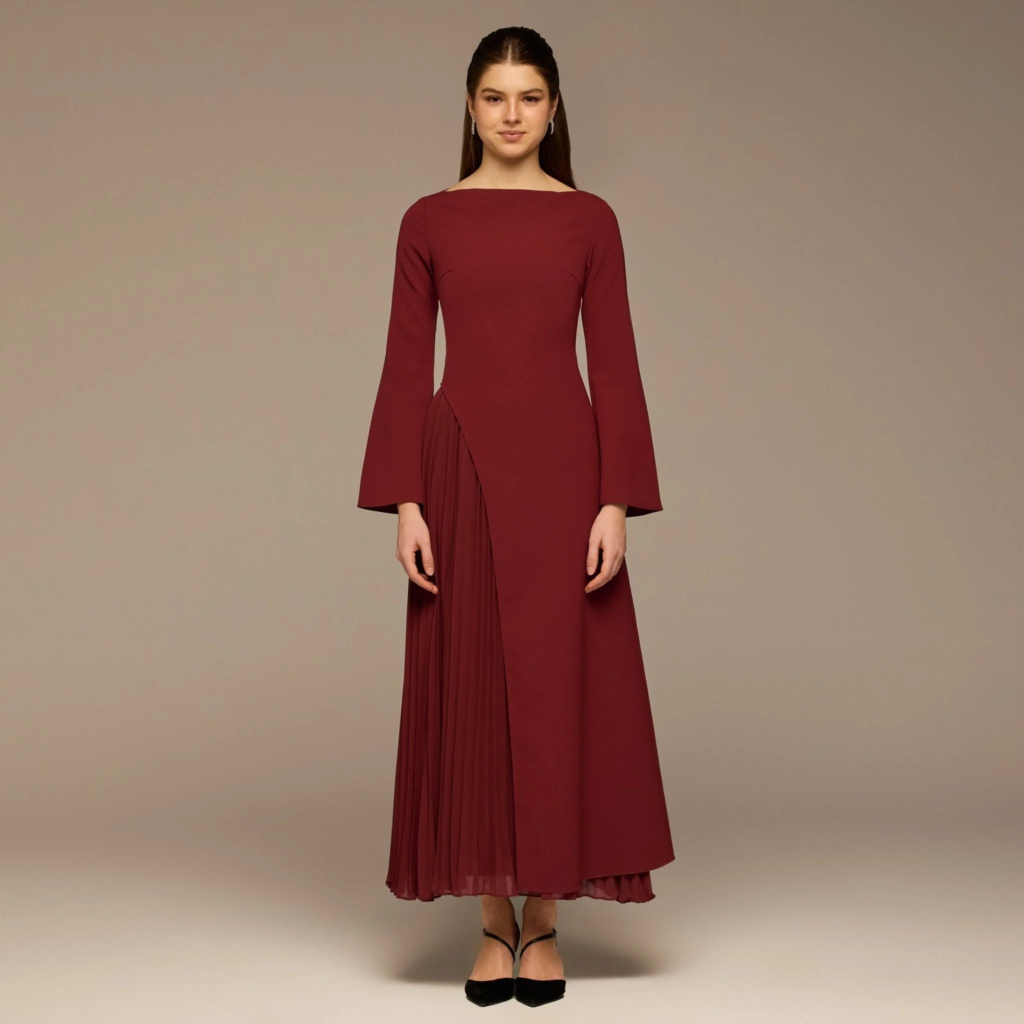 Burgundy Crepe Maxi Dress with Side Pleated Panel
