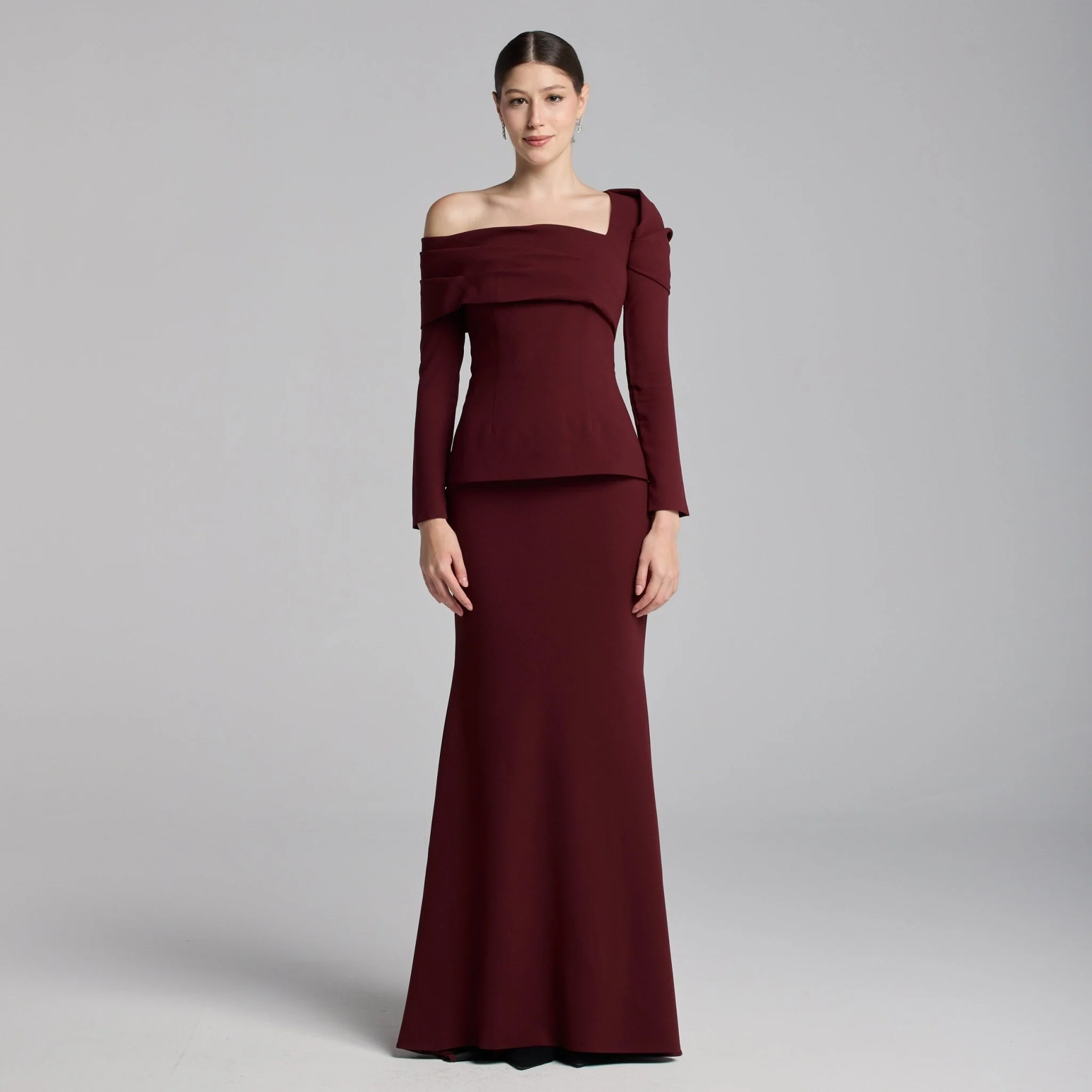 Burgundy Crepe Off Shoulder Draped Maxi Dress