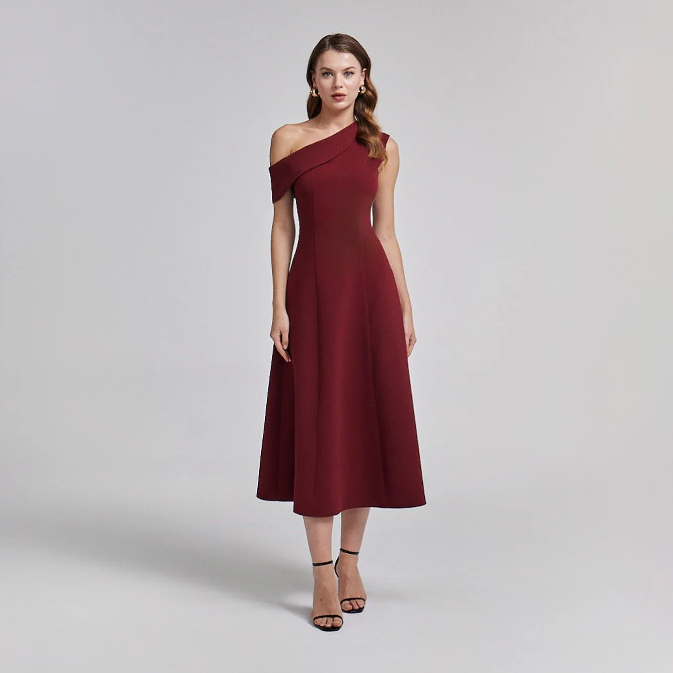 Burgundy Asymmetric Velvet Midi Dress