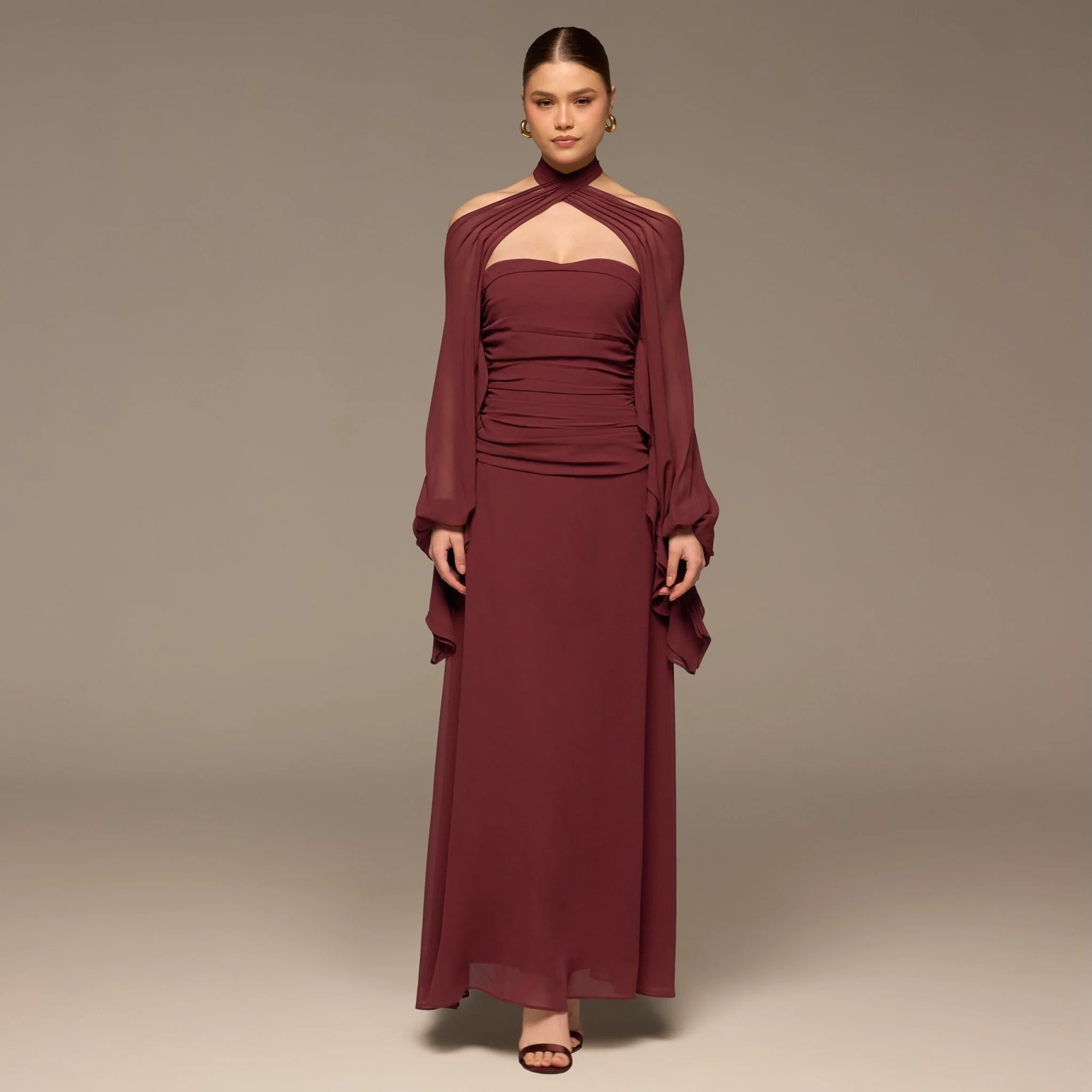 Burgundy Cross-Halter Chiffon Maxi Dress