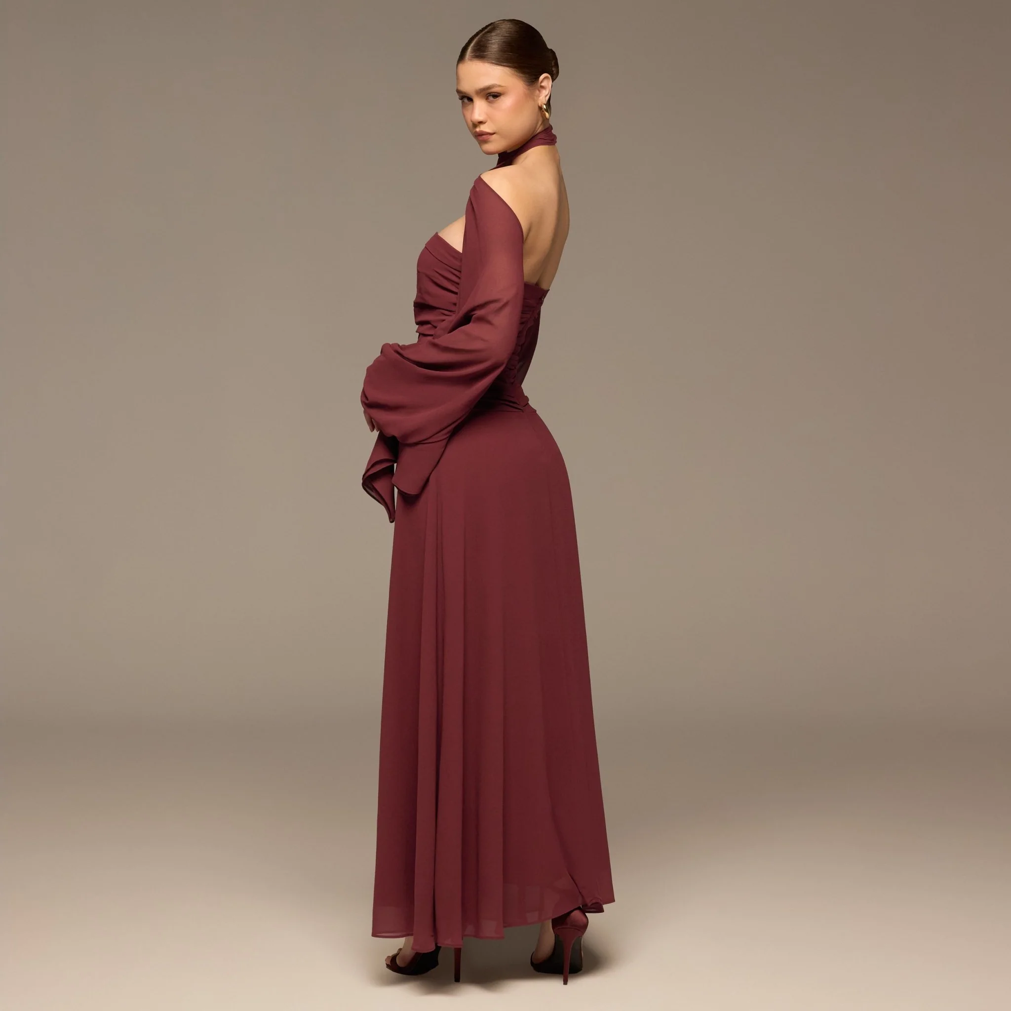 Burgundy Cross-Halter Chiffon Maxi Dress - Image 5