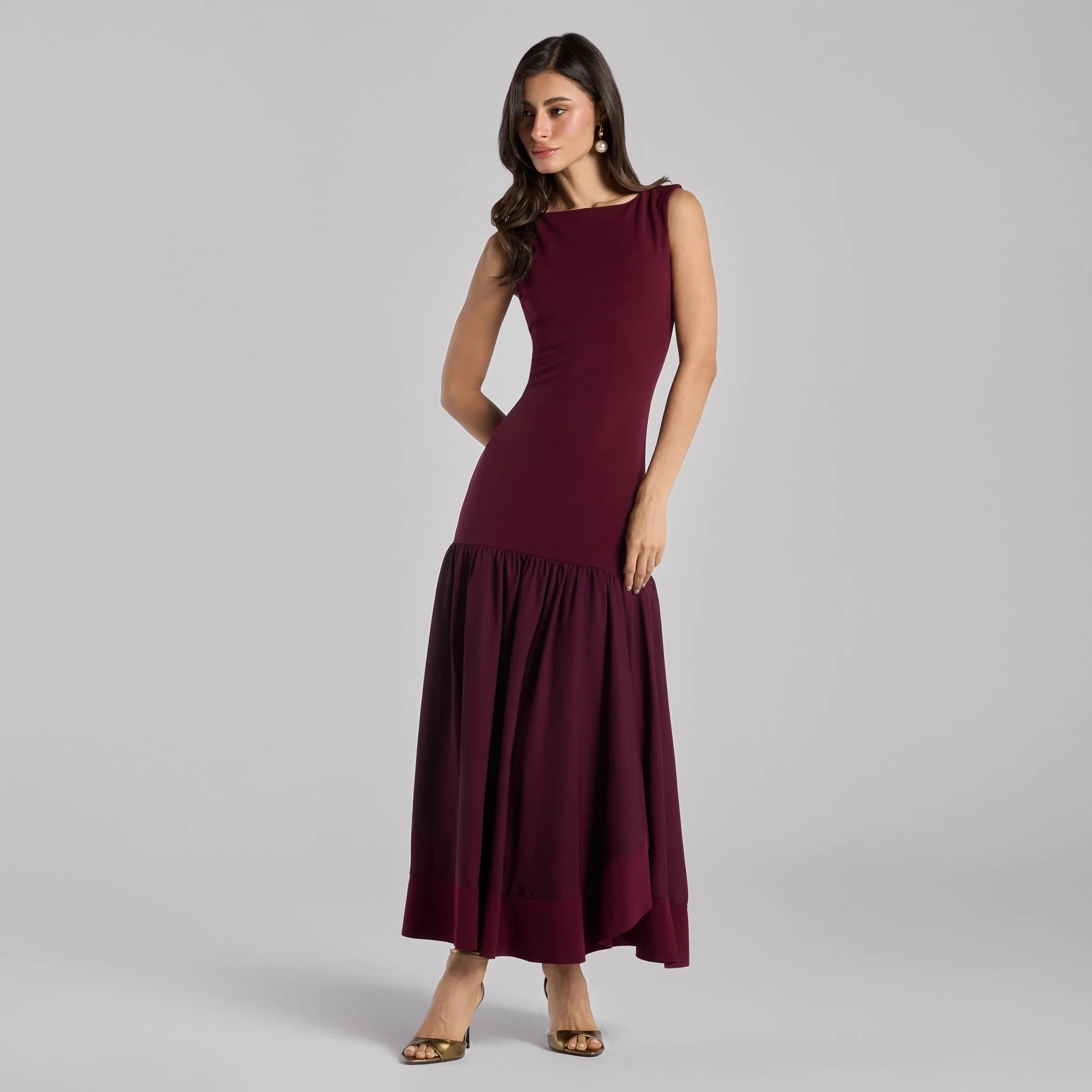 Burgundy Drop-Waist Midi Dress in Crepe and Chiffon