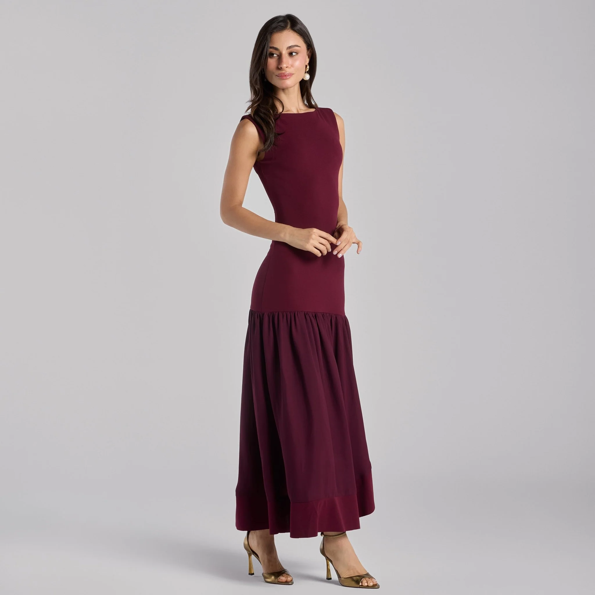 Burgundy Drop-Waist Midi Dress in Crepe and Chiffon - Image 2
