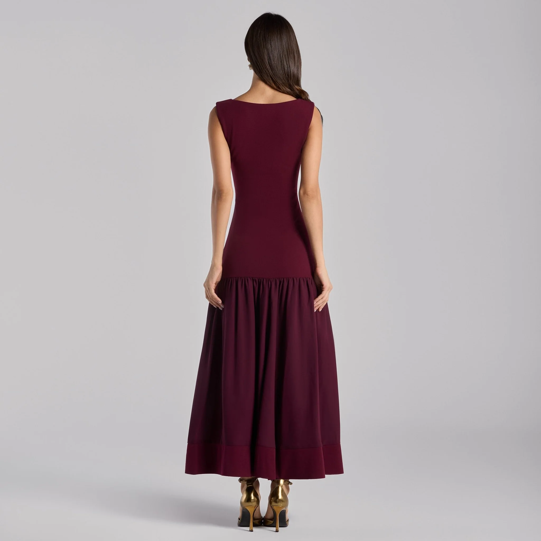 Burgundy Drop-Waist Midi Dress in Crepe and Chiffon - Image 4
