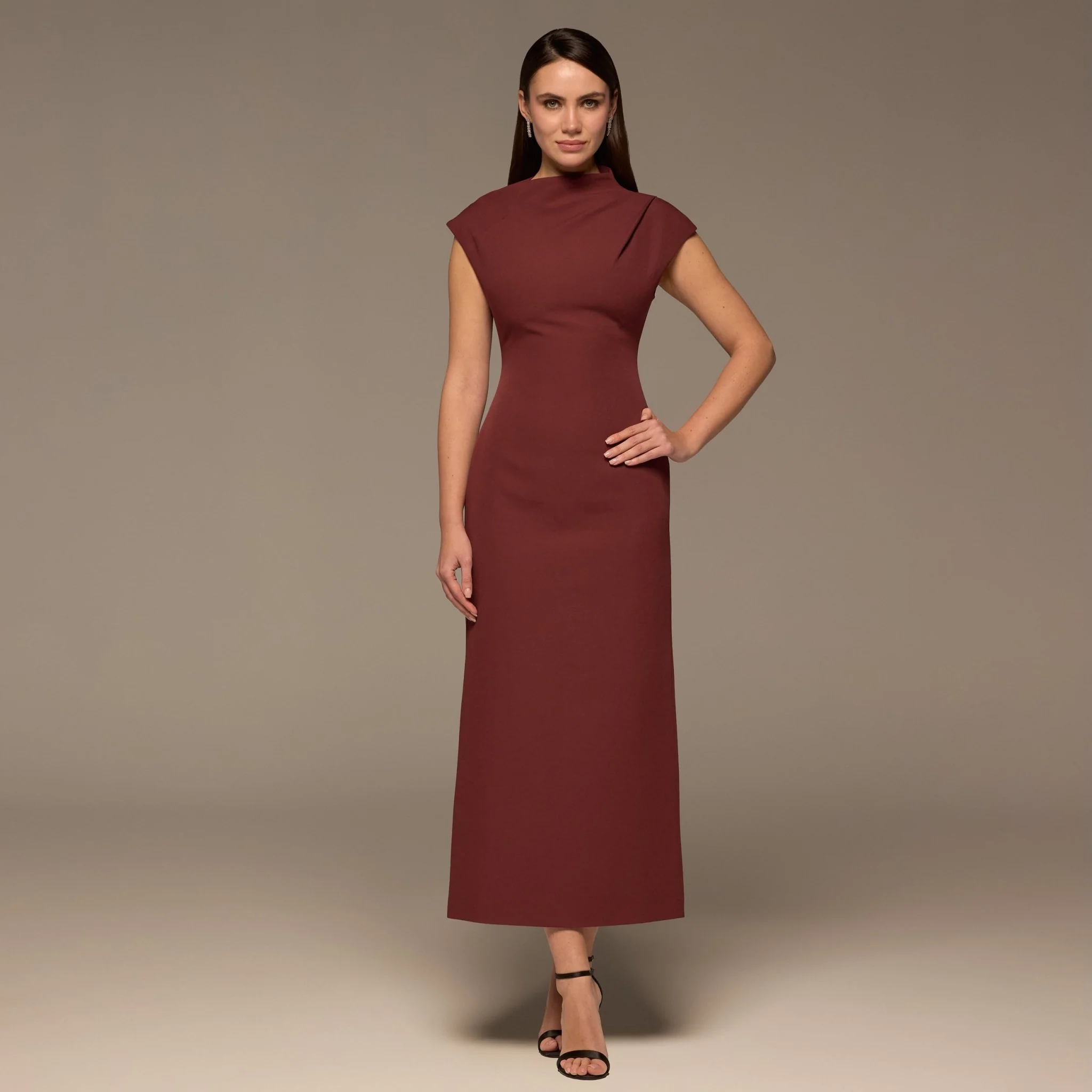 Burgundy Draped Shoulder Short Sleeve Midi Dress
