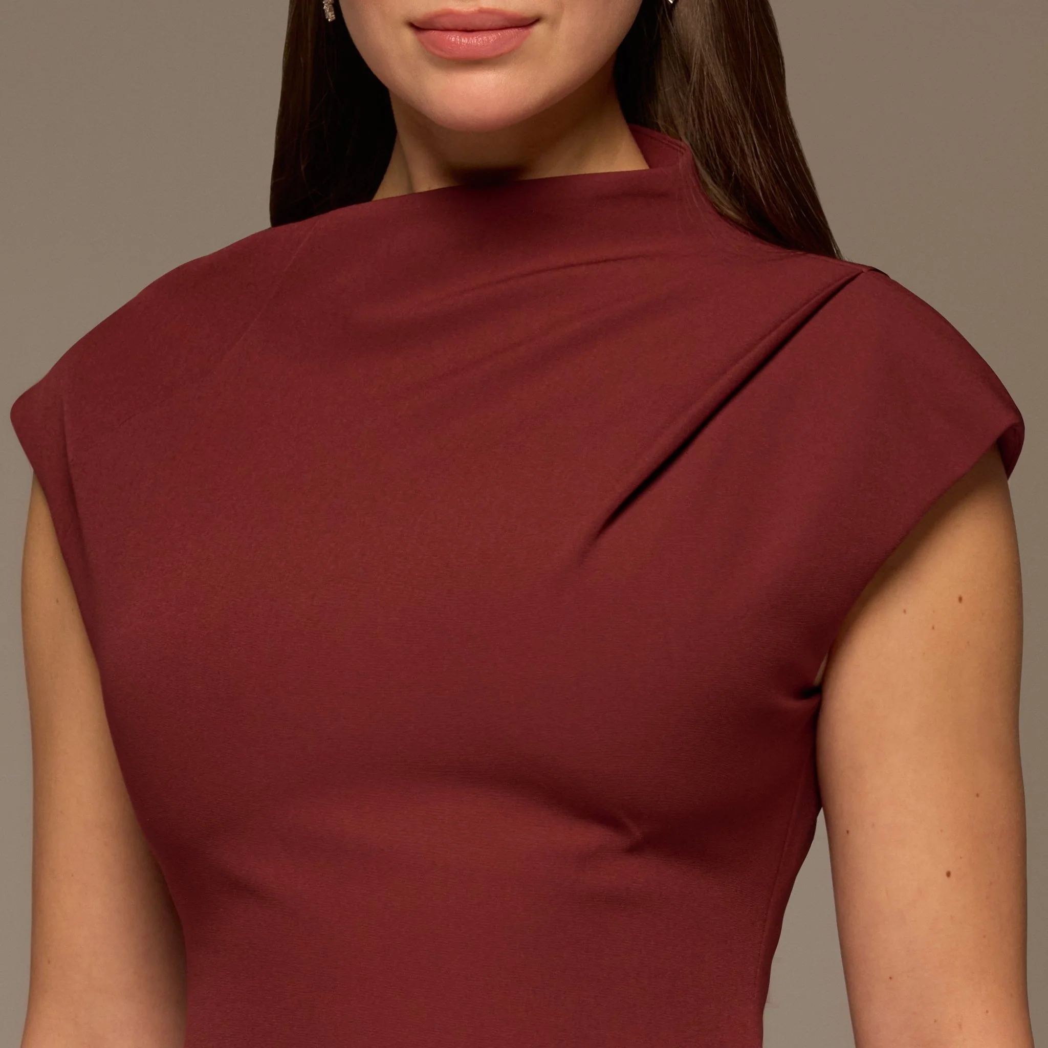 Burgundy Draped Shoulder Short Sleeve Midi Dress - Image 3