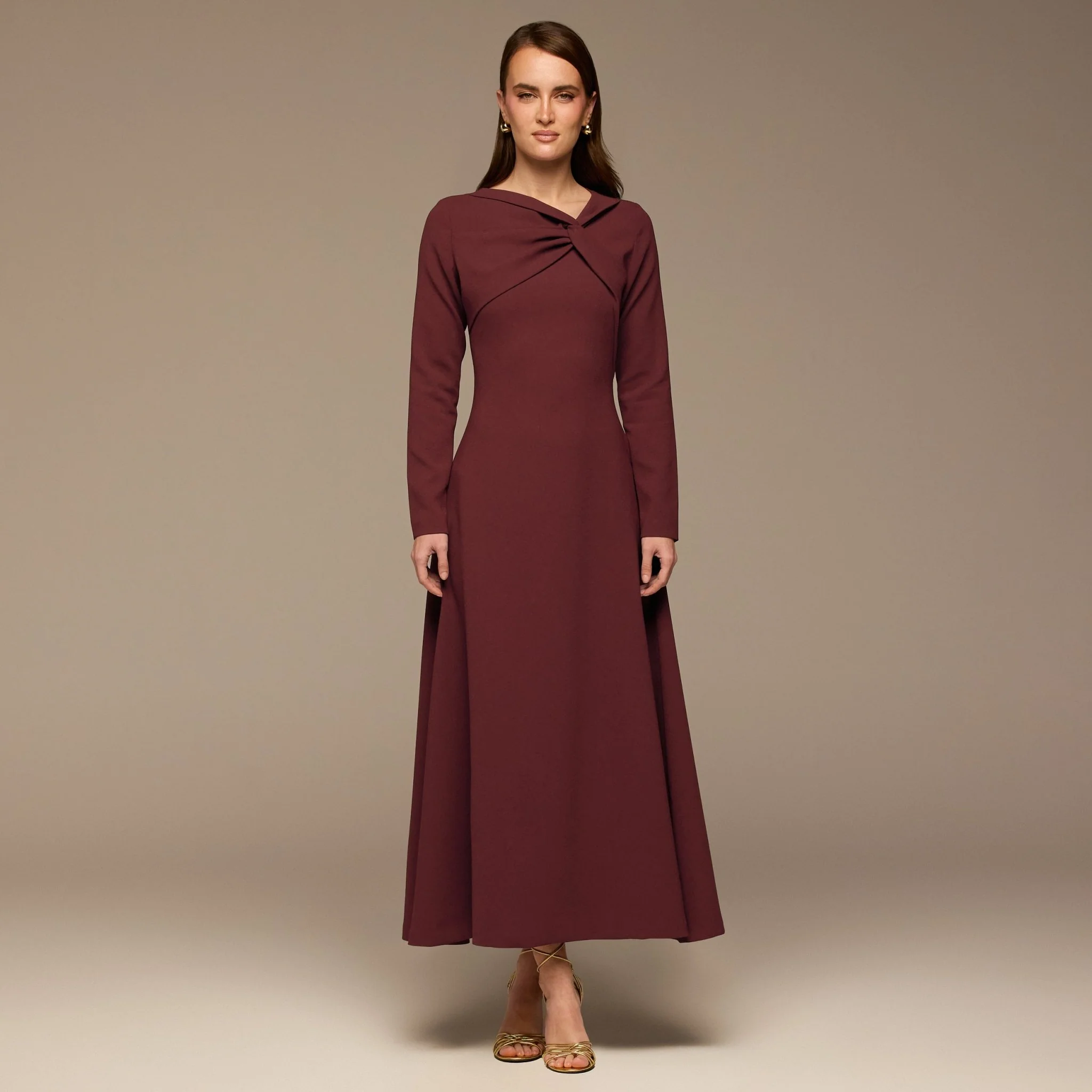 Burgundy Twisted Neck Crepe Maxi Dress