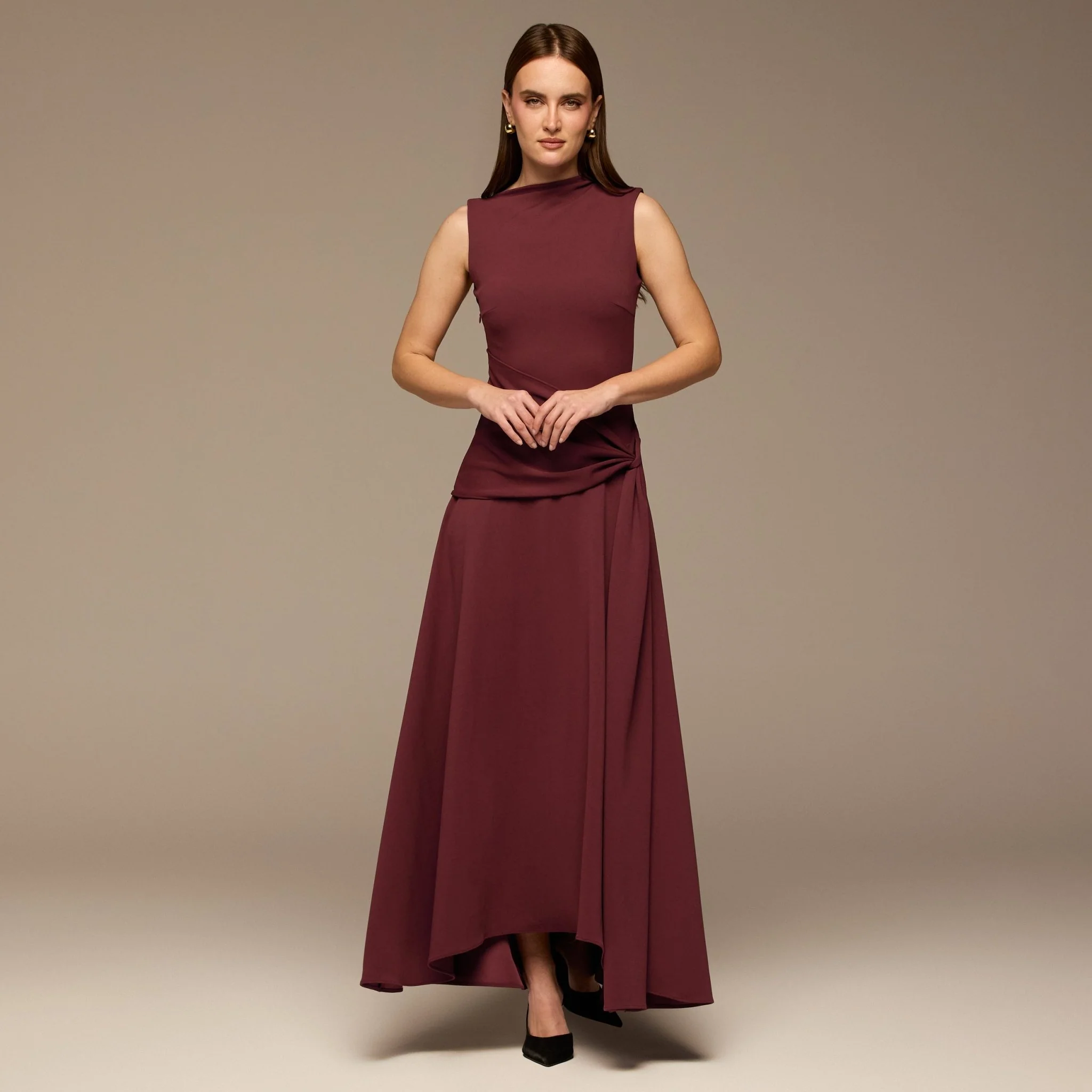 Burgundy Draped Sleeveless Maxi Dress