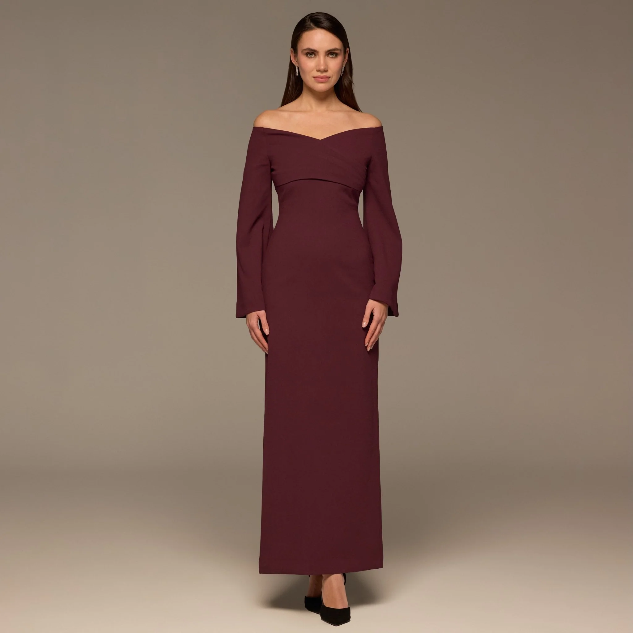 Burgundy Wide V Neck Crepe Maxi Dress