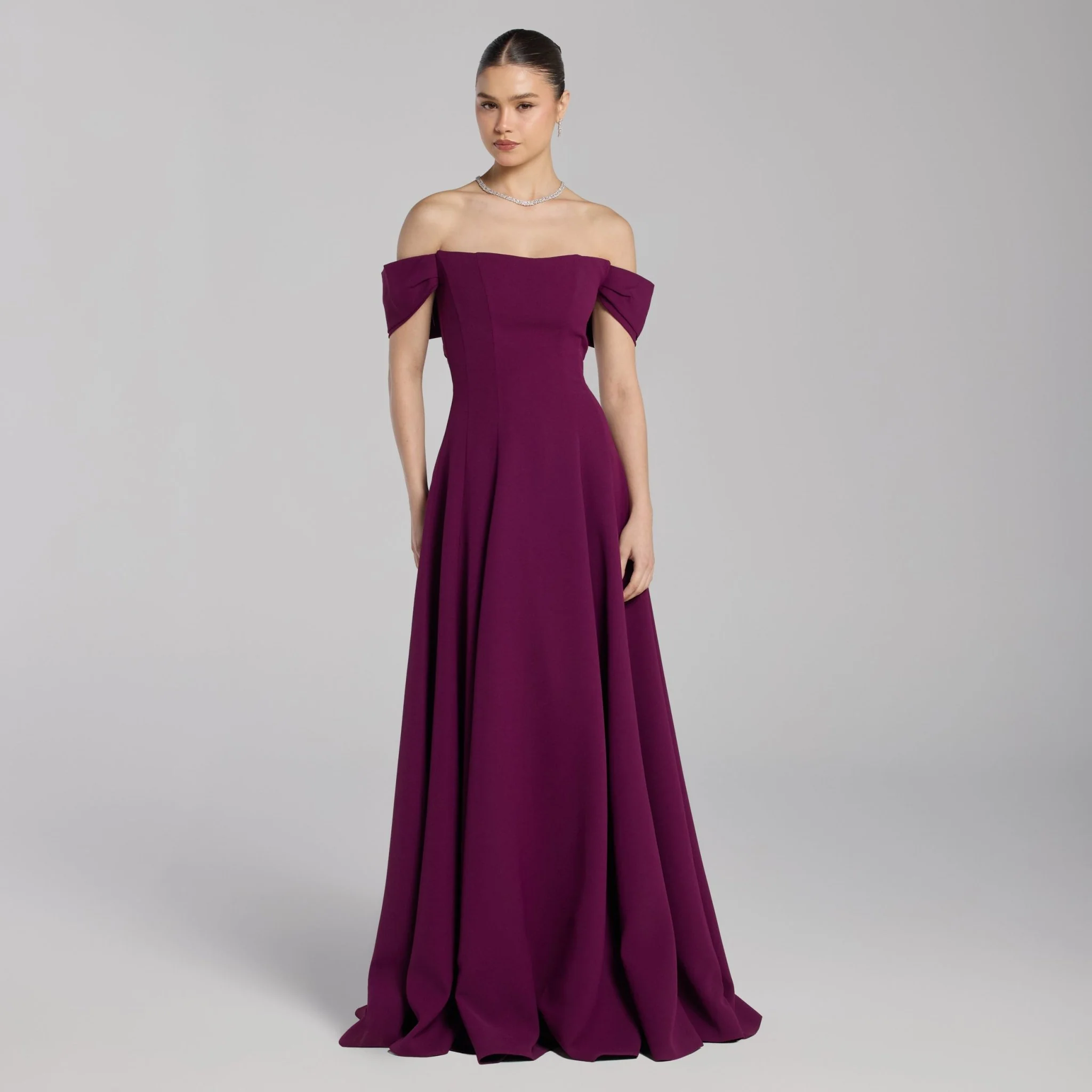 Plum Off-Shoulder Crepe Gown