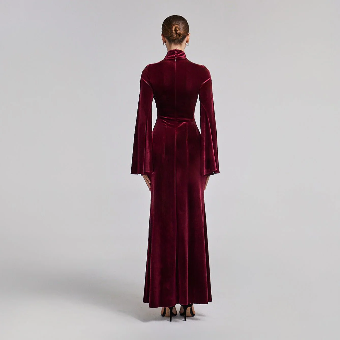 Burgundy High Neck Flared Sleeve Velvet Dress - Image 2
