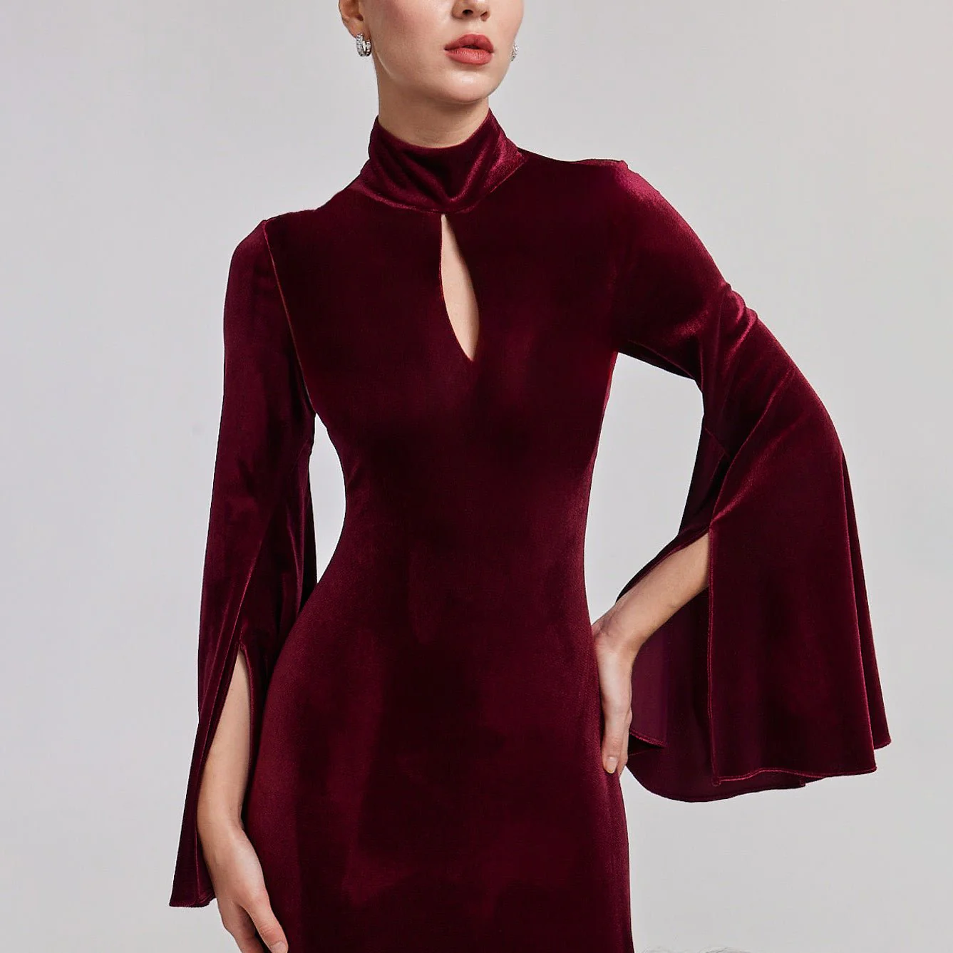 Burgundy High Neck Flared Sleeve Velvet Dress - Image 3