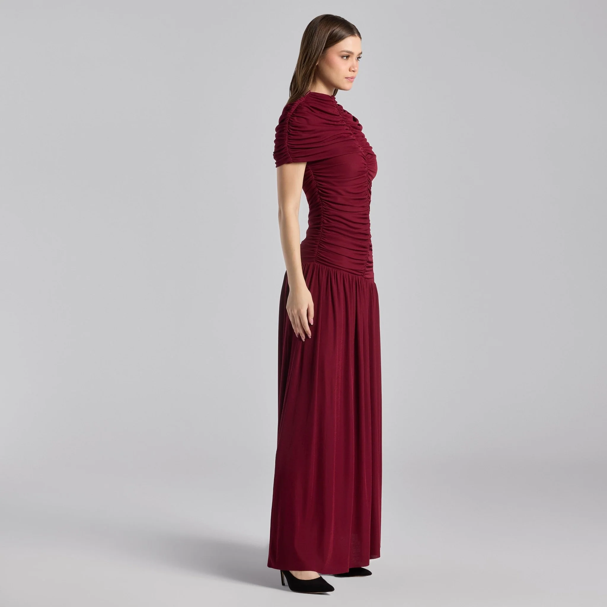 Burgundy Ruched Jersey Maxi Dress - Image 2