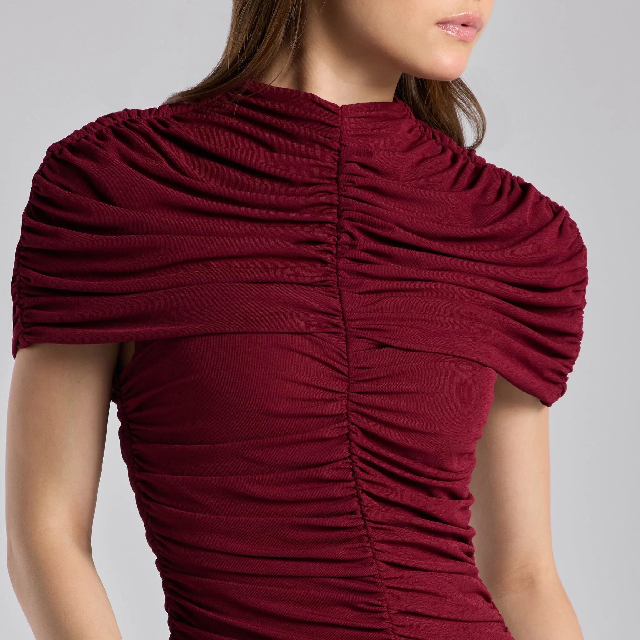 Burgundy Ruched Jersey Maxi Dress - Image 3