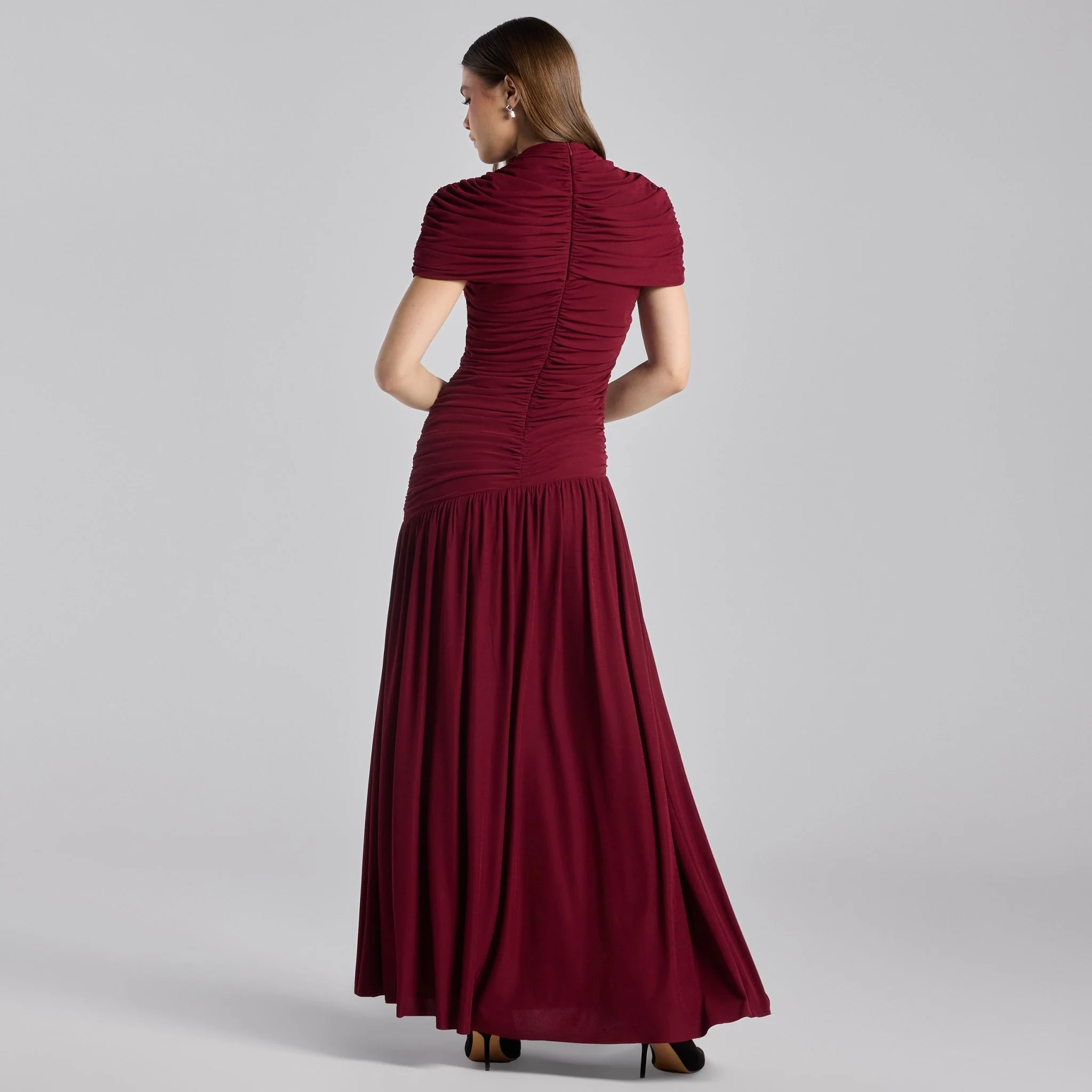 Burgundy Ruched Jersey Maxi Dress - Image 4