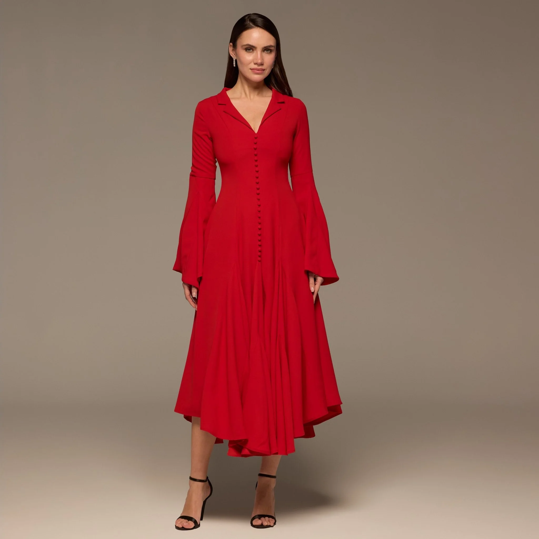 Red Lapel Neck Button-Front Crepe Dress