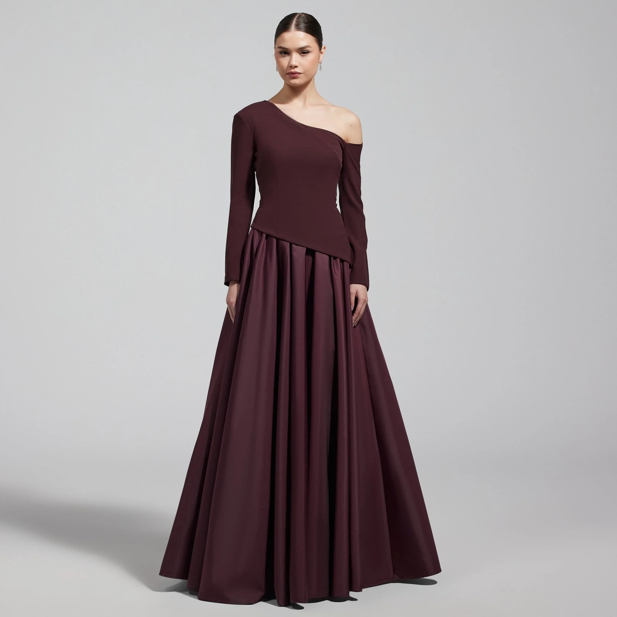 Burgundy Off Shoulder Crepe & Taffeta Ball Gown