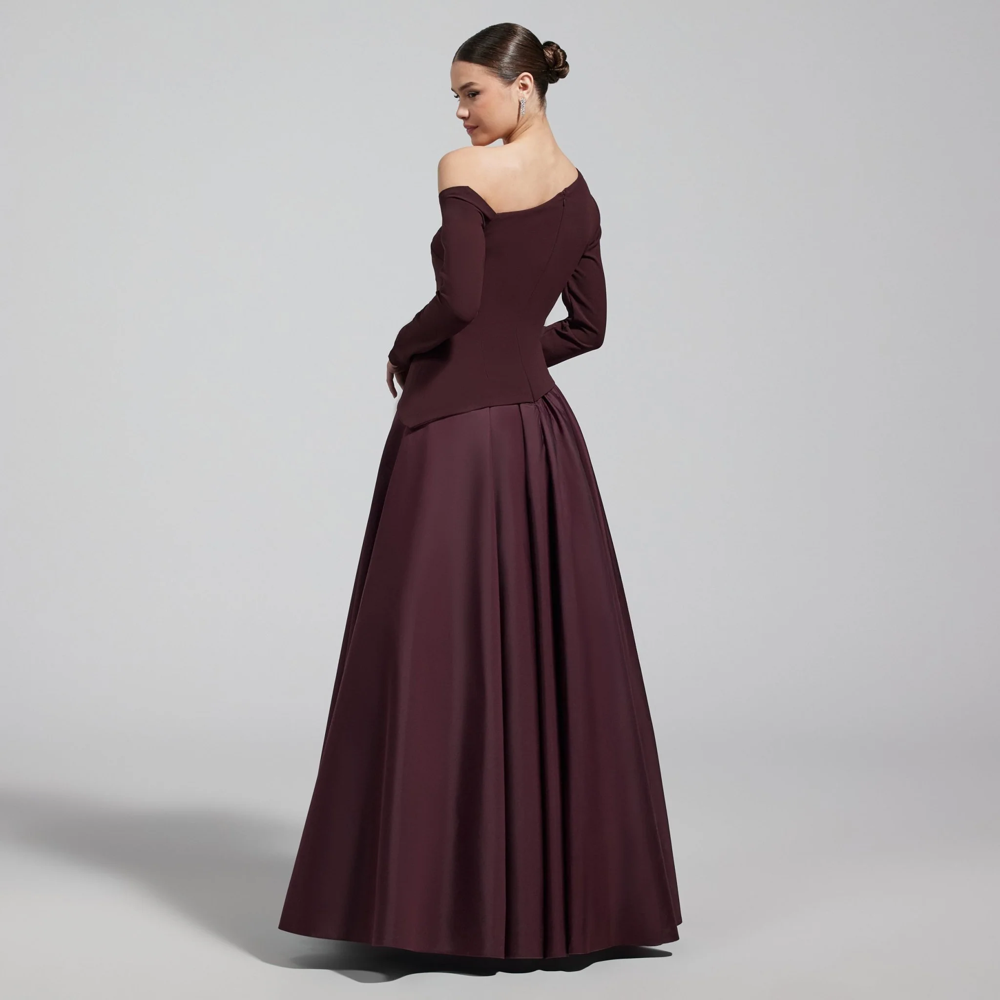 Burgundy Off Shoulder Crepe & Taffeta Ball Gown - Image 4