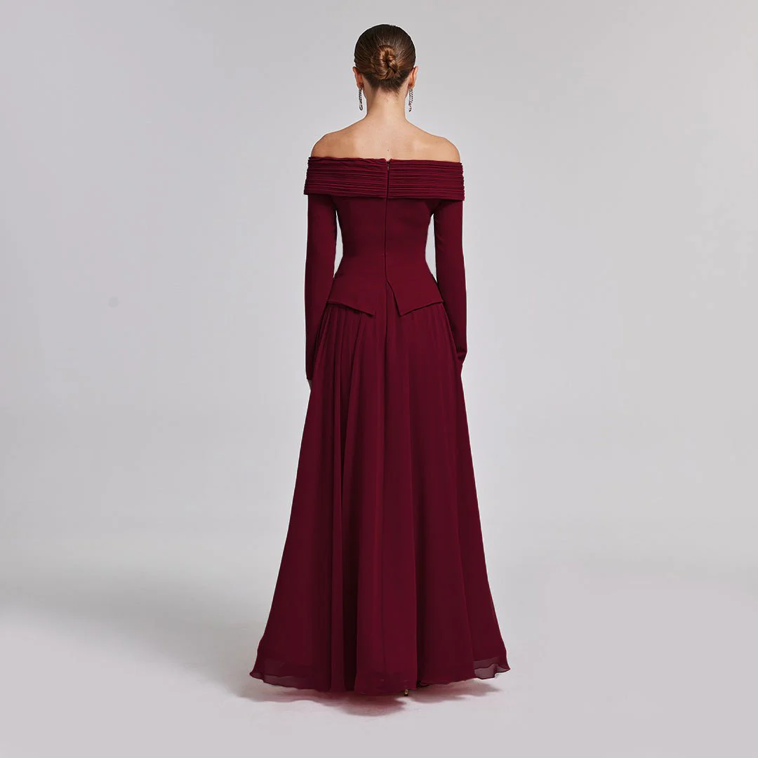 Burgundy Off-Shoulder Long-Sleeve Evening Gown - Image 3