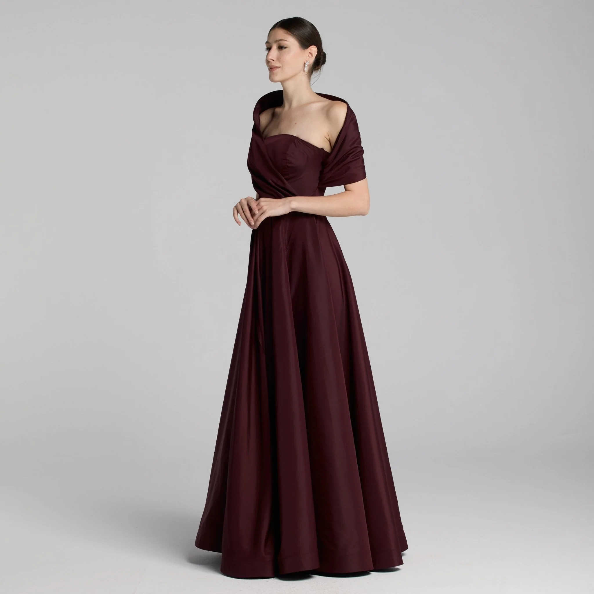 Burgundy Cape Sleeve Taffeta Gown - Image 2