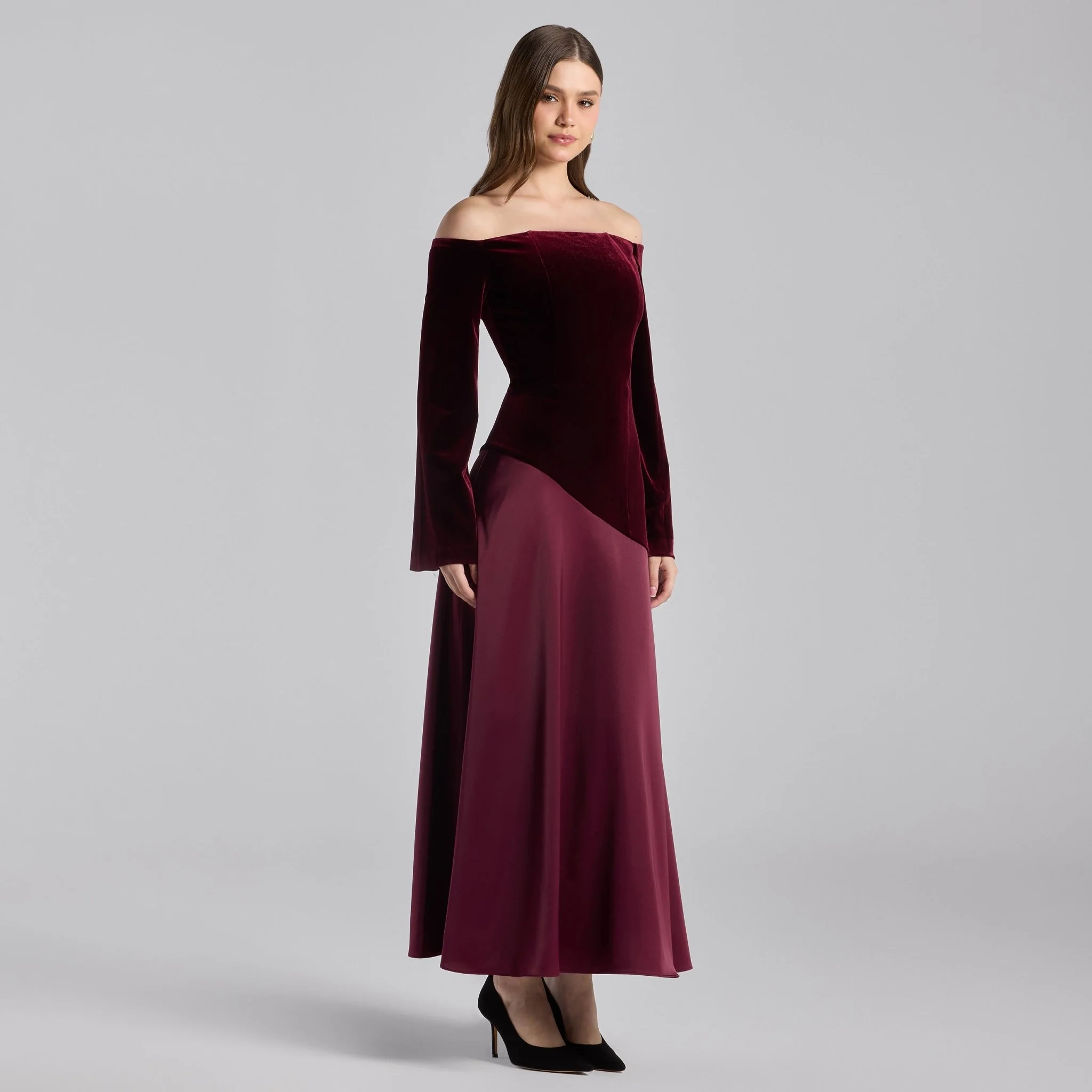 Burgundy Off-Shoulder Velvet & Satin Balloon Sleeve Dress - Image 2