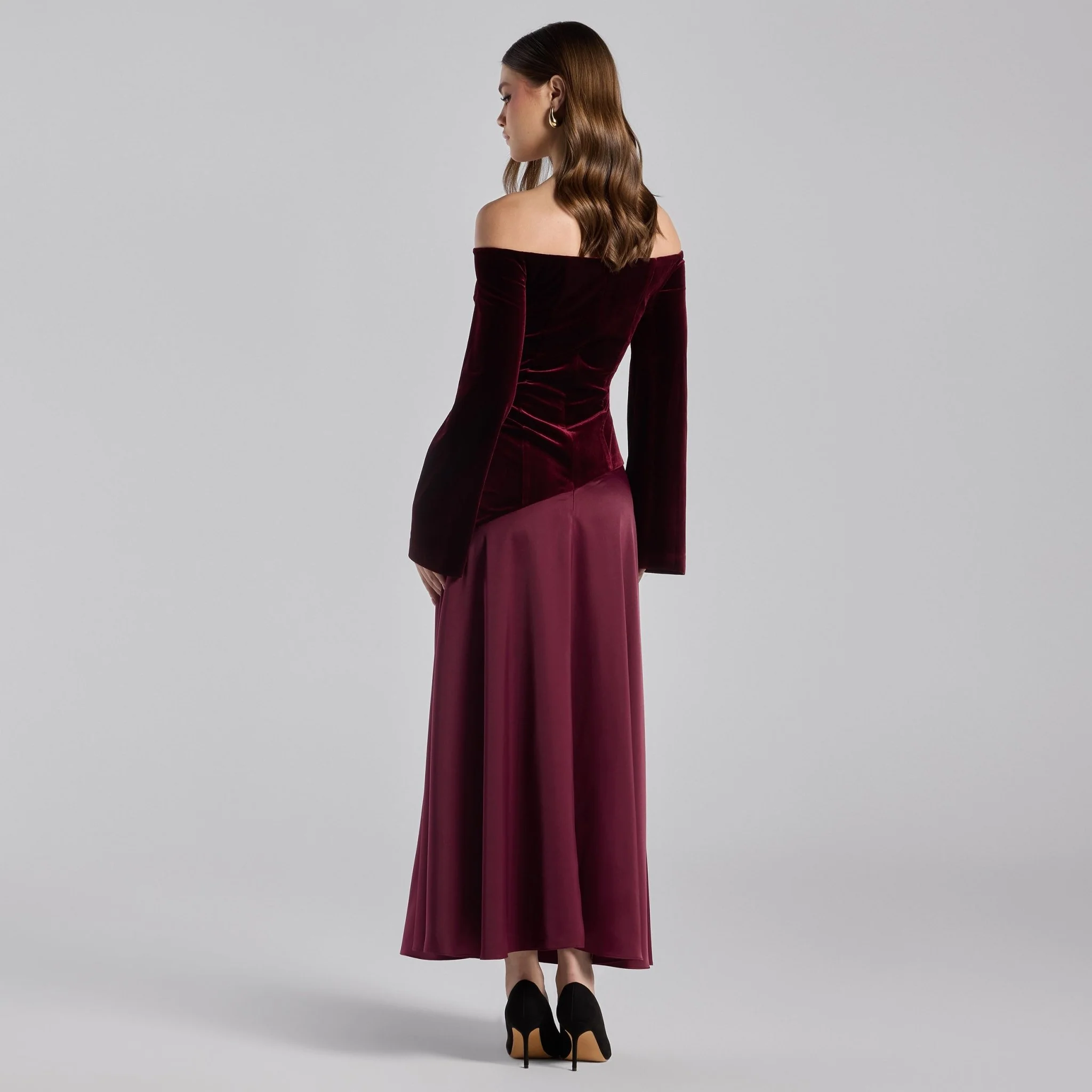 Burgundy Off-Shoulder Velvet & Satin Balloon Sleeve Dress - Image 4