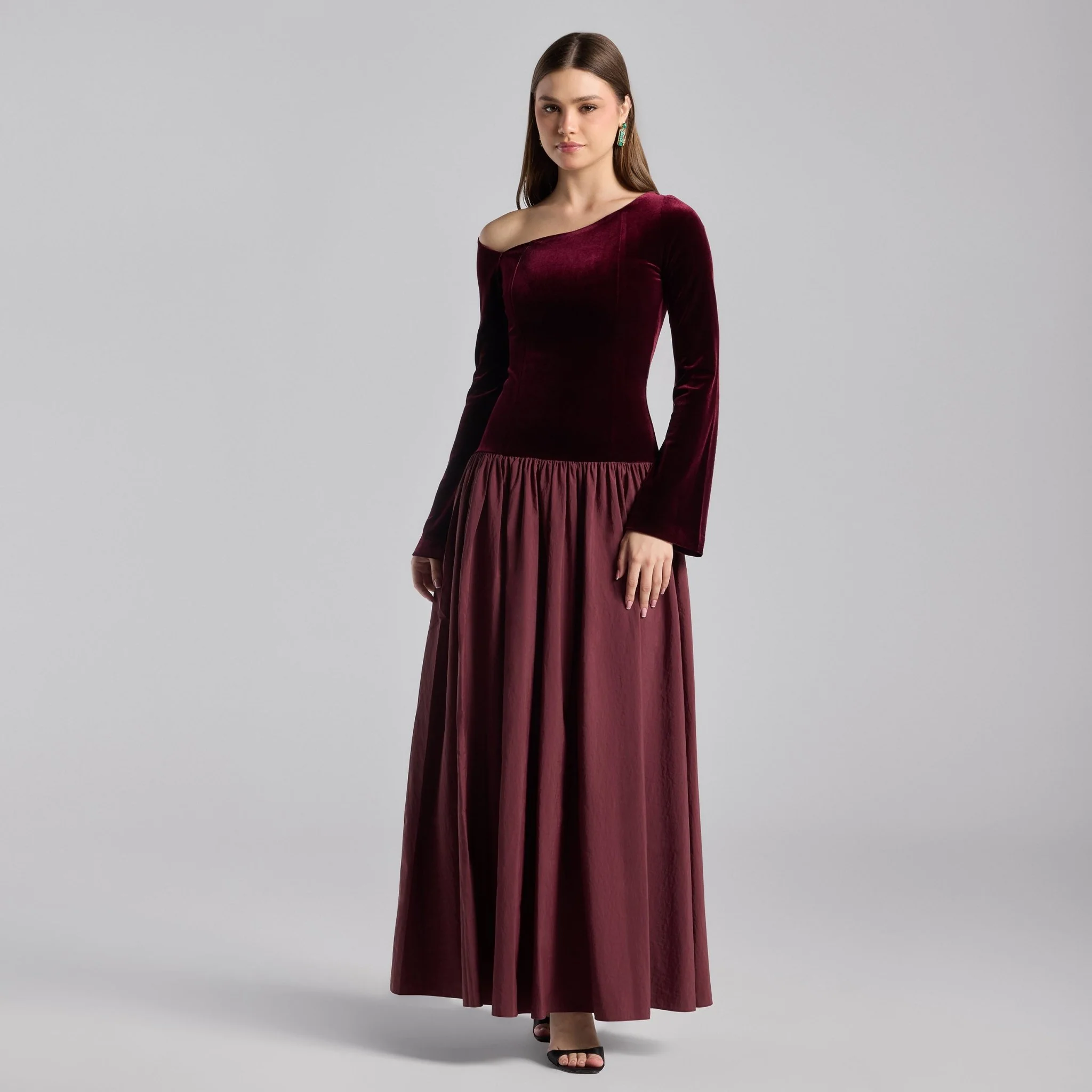 Burgundy Off Shoulder Velvet-Taffeta Maxi Dress