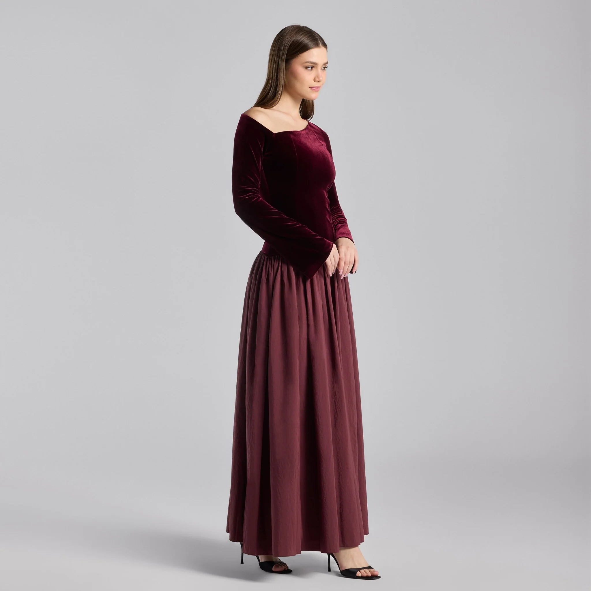 Burgundy Off Shoulder Velvet-Taffeta Maxi Dress - Image 2